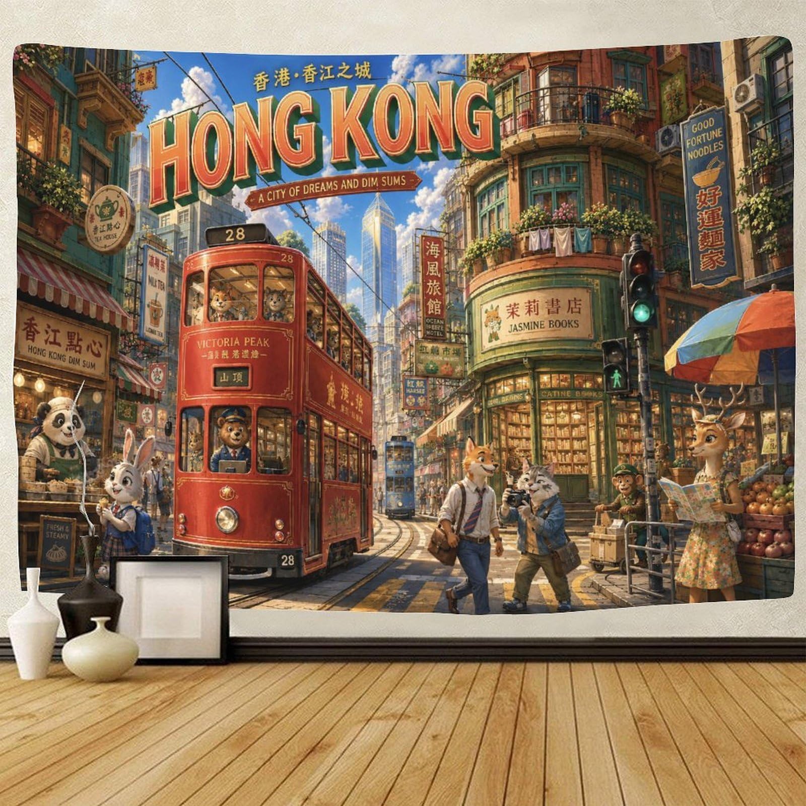 ASDFGHJKLZA Hong Kong Cityscape 3D Print Wall Tapestry Wall Hanging Decor Tapestries Poster Curtain Living Room College Dorm 130cmx150cm