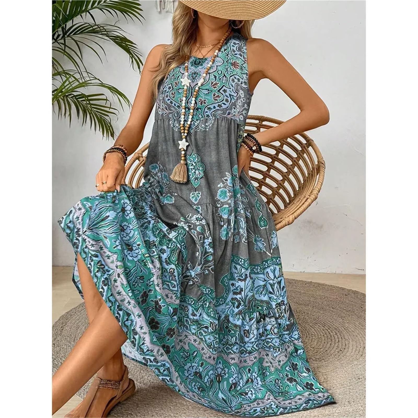 Vestido de Playa con Estampado Verano, Cuello Redondo, sin Mangas, for Mujer, Adecuado for Uso Informal o Vacaciones