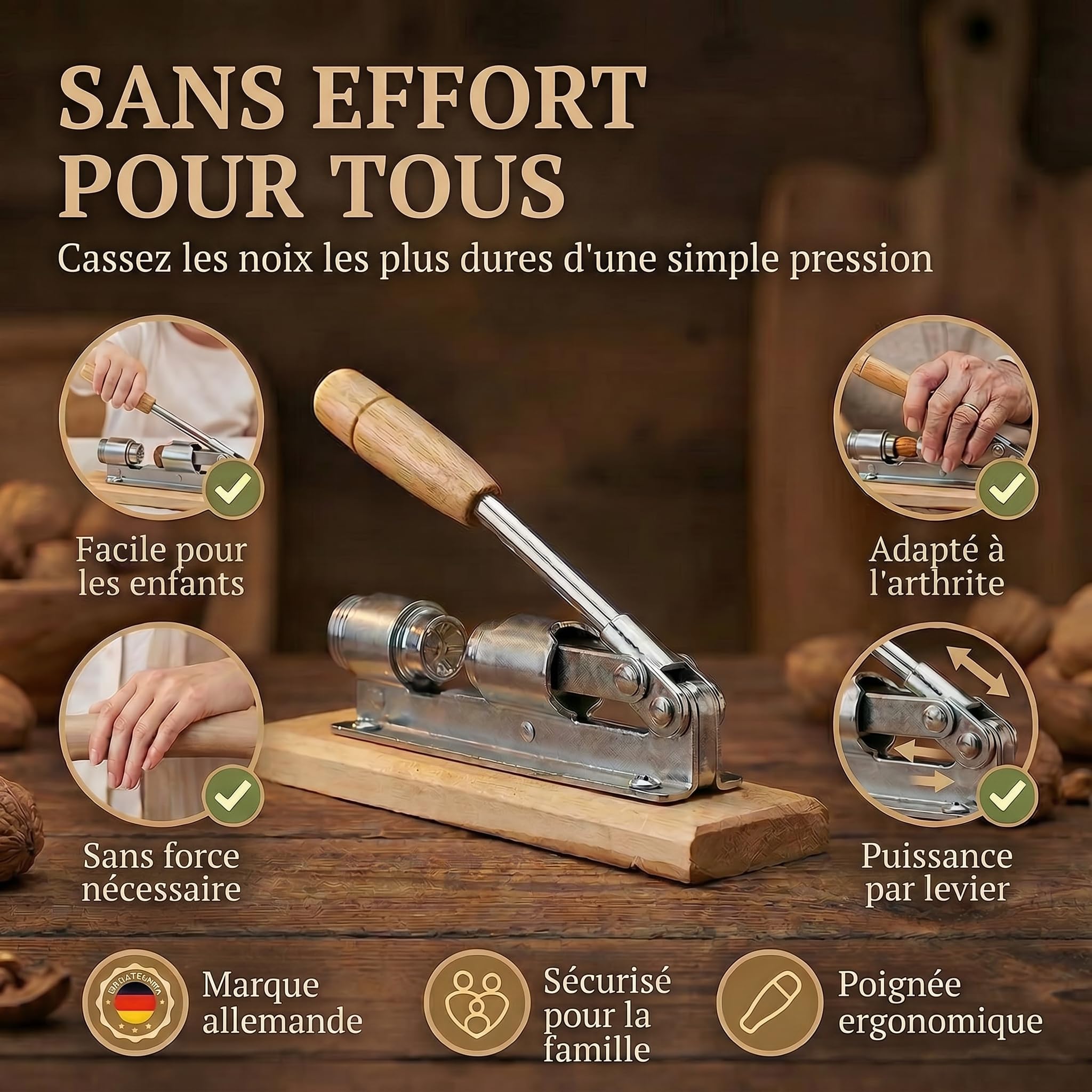 Casse-noisettes au design nostalgique Casse-noisettes en acier inoxydable avec fonction de levier ; ouverture des noix réglable en taille et en puissance.
