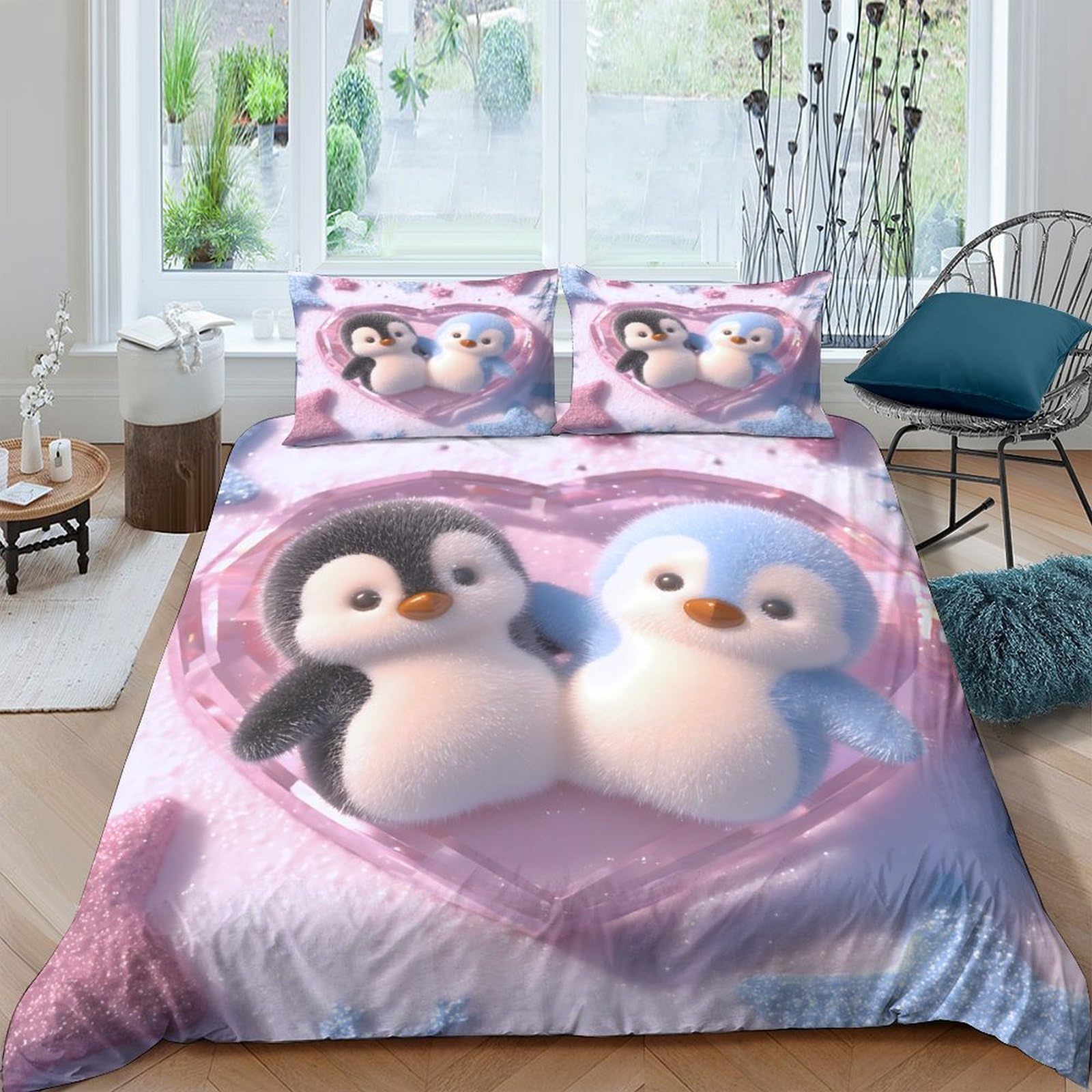 GPLZQXKJNH 3D Printed Cute Penguin Heart Duvet Cover Microfiber Soft Breathable Cartoon Bedding Set with 2 Pillowcases for Bedroom Decor Single（135x200cm）