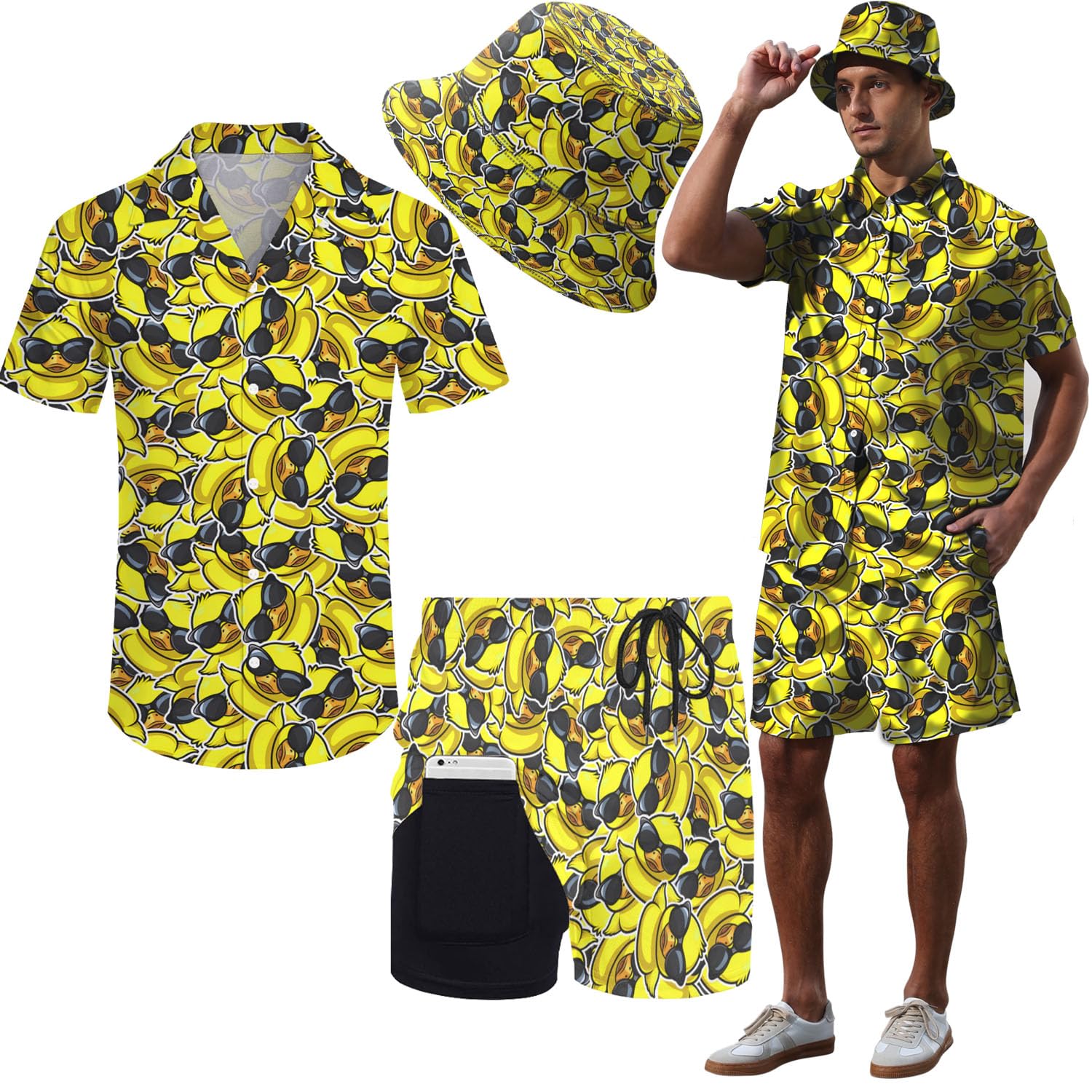 Woerexker Men's Hip-Hop Duck Hawaiian 2 Piece Outfits Rave Duck Shirts Shorts Outfits Tropical Set With Hat,Duck + Hat