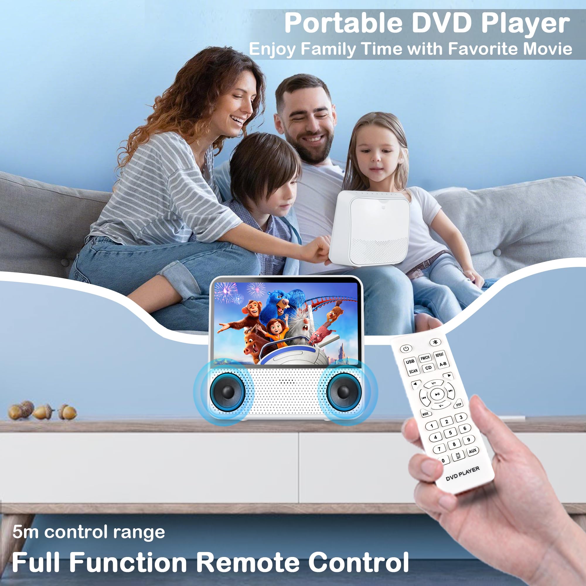 Lecteur DVD Portable Bluetooth 4000mAh Rechargeable Region Free pour Voiture avec Haut-parleurs Intégrés Double Compatible CD USB RCA Prise Casque