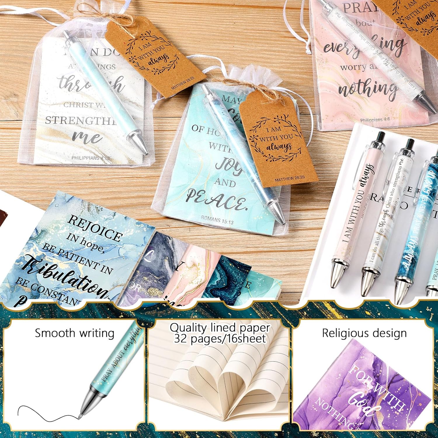 Qeeenar 200 Pcs Christian Gifts Bulk Sets Bible Verse Religious Ballpoint Pen and Notebook Gift Set with Thanks Tags Organza Bag Gift Bulk for Women Church Christian Party Favors(Elegant Color,Marble)