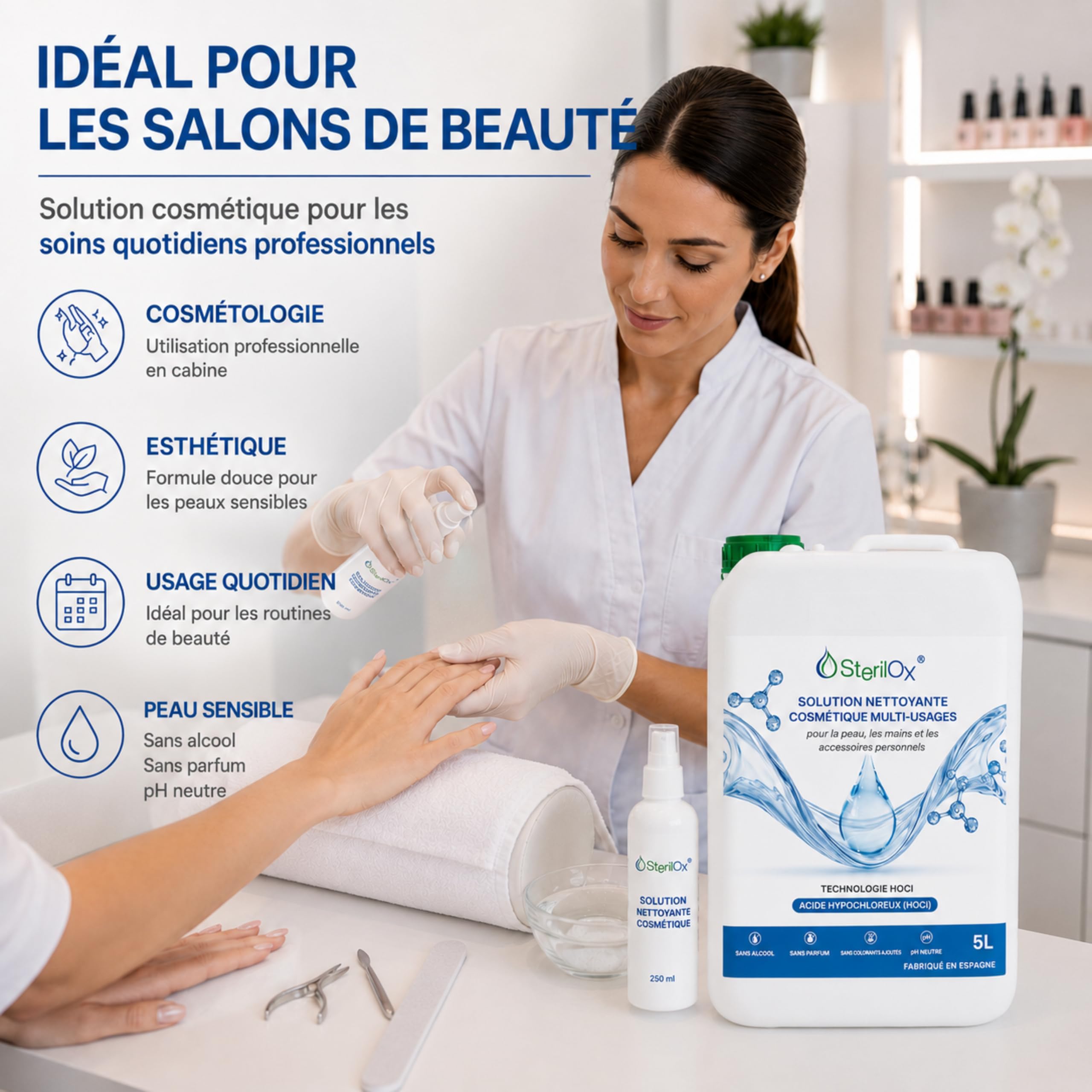 5 L – Solution hygiénique universelle à base d’acide hypochloreux (HOCl), sans alcool ni parfum, pour usage domestique et professionnel