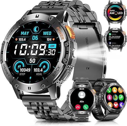 Relojes inteligentes militares para hombres con llamada Bluetooth, reloj inteligente AMOLED de 1.43 pulgadas impermeable con linterna, 111 modos