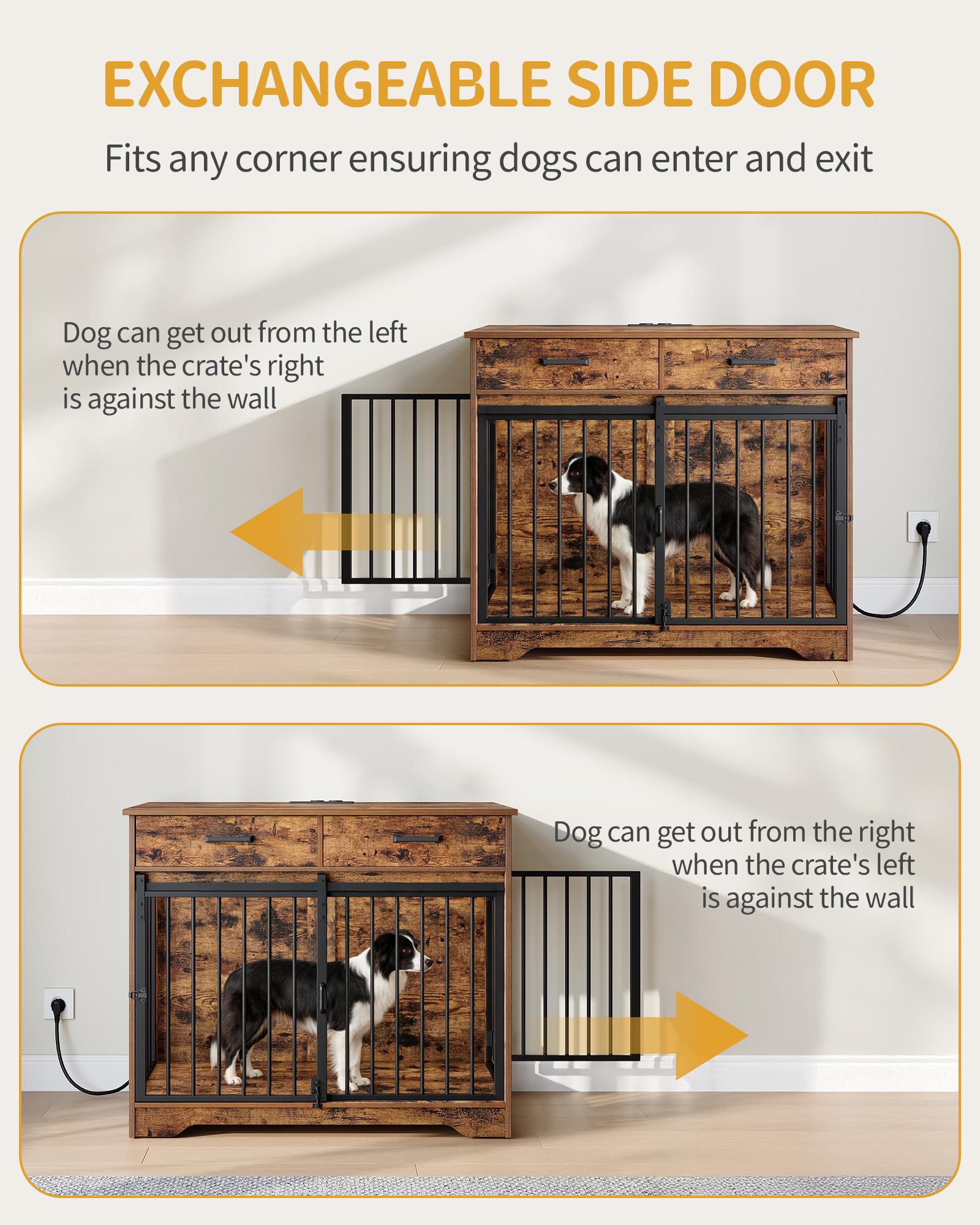 Hzuaneri Mueble Jaula para Perros de Interior con Regleta y 2 Cajones, Jaula de Madera con Puertas Correderas de Granero, 3 Puertas para Perros Medianos y Grandes 97x56x81 cm Marrón DFC90301BEU