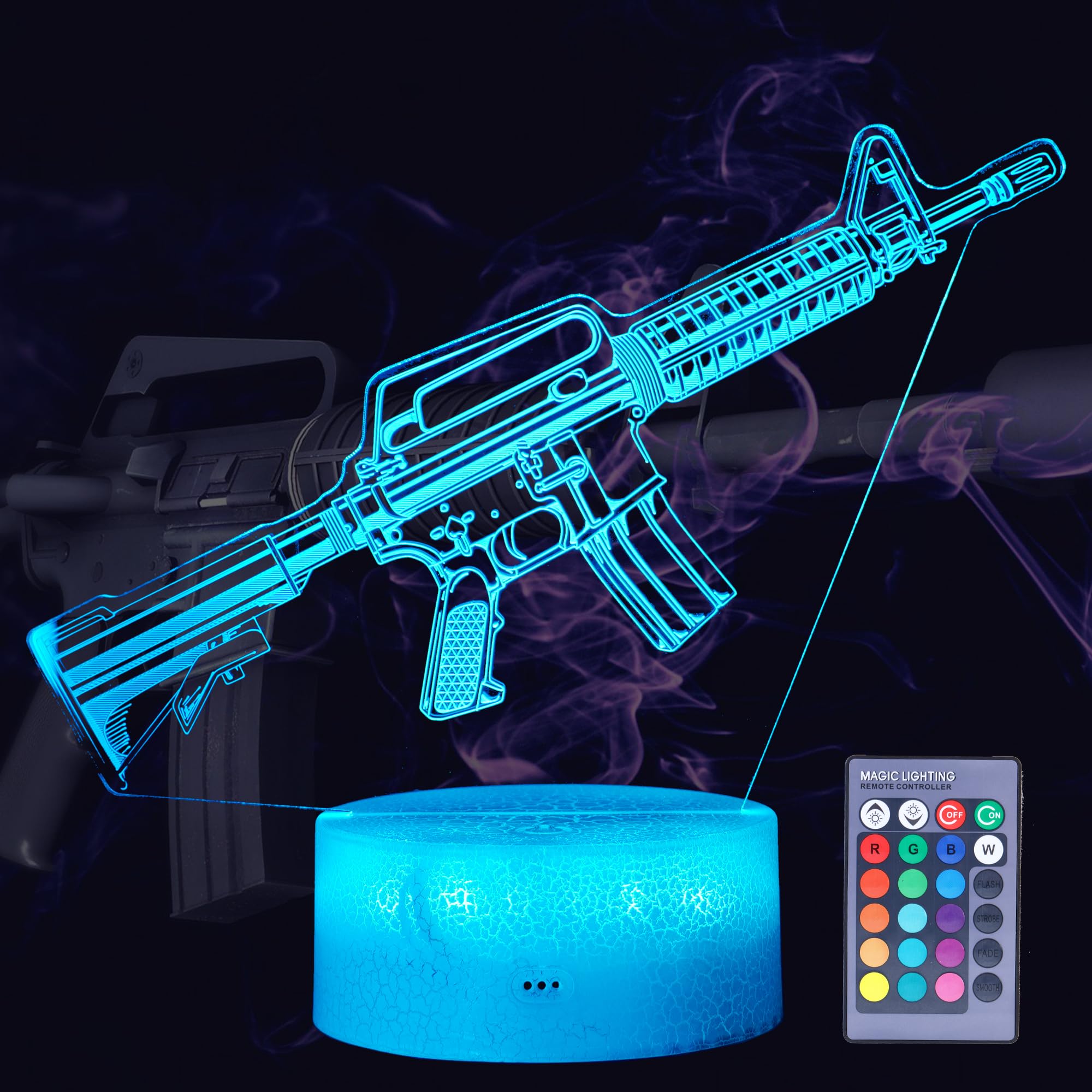 POSSHE M4A1 Nachtlicht, M4A1 Modell Geschenke, 3D-Illusionslampe mit 16 Farbwechsel, Fernbedienung Timer und dimmbar, Spiel-Wohnzimmer-Dekoration, Weihnachtsgeschenke
