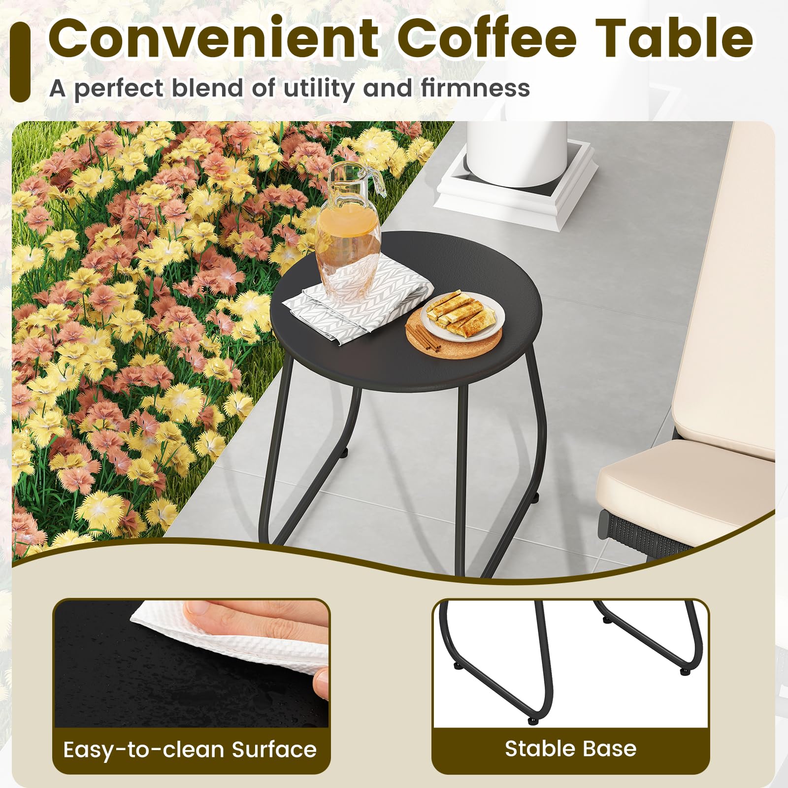 GIANTEX Set di Bistro 3 Pezzi, Sedie a Dondolo da Esterno in Rattan con Tavolino da Caffè, Set di Mobili da Conversazione per Veranda con Cuscini in Cotone per Giardino, Balcone, Bordo Piscina