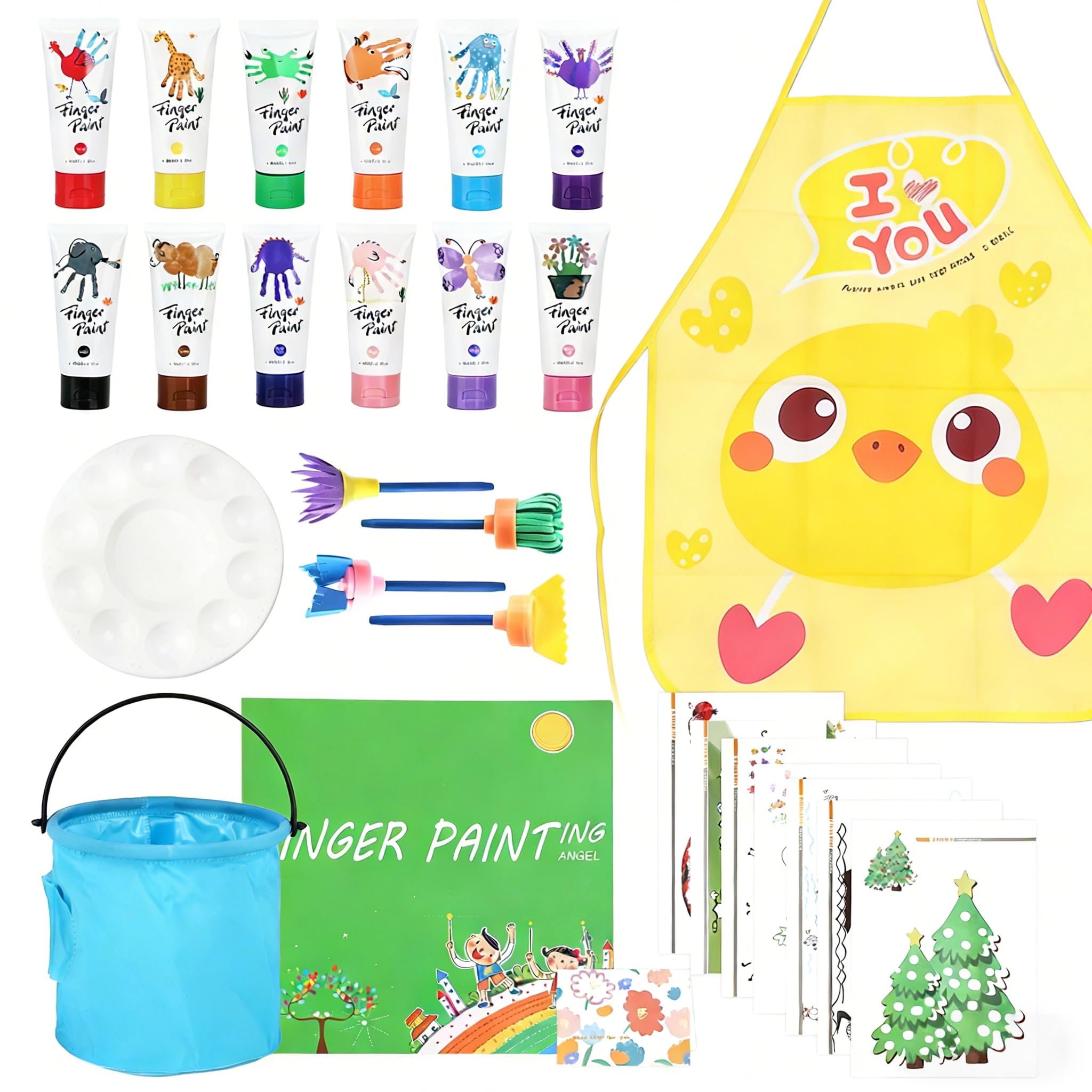 Pintura de Dedos para Niños Lavable,51 Pcs Juego de Pintura para Dedos No Tóxicas,12 Colores (60ml),con Pinceles,Esponja,Paleta y Bata,Niños Pintura Temprana Artes DIY Artesanías