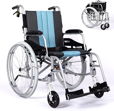 Magnesium Lightweight Foldable Wheelchair 21lbs Self-propelled Chair with Travel Bag and Cushion,Anti-Tipper Swing-Away Footrests, 17.5 Seat, Weight Capacity 220 lbs, Blue