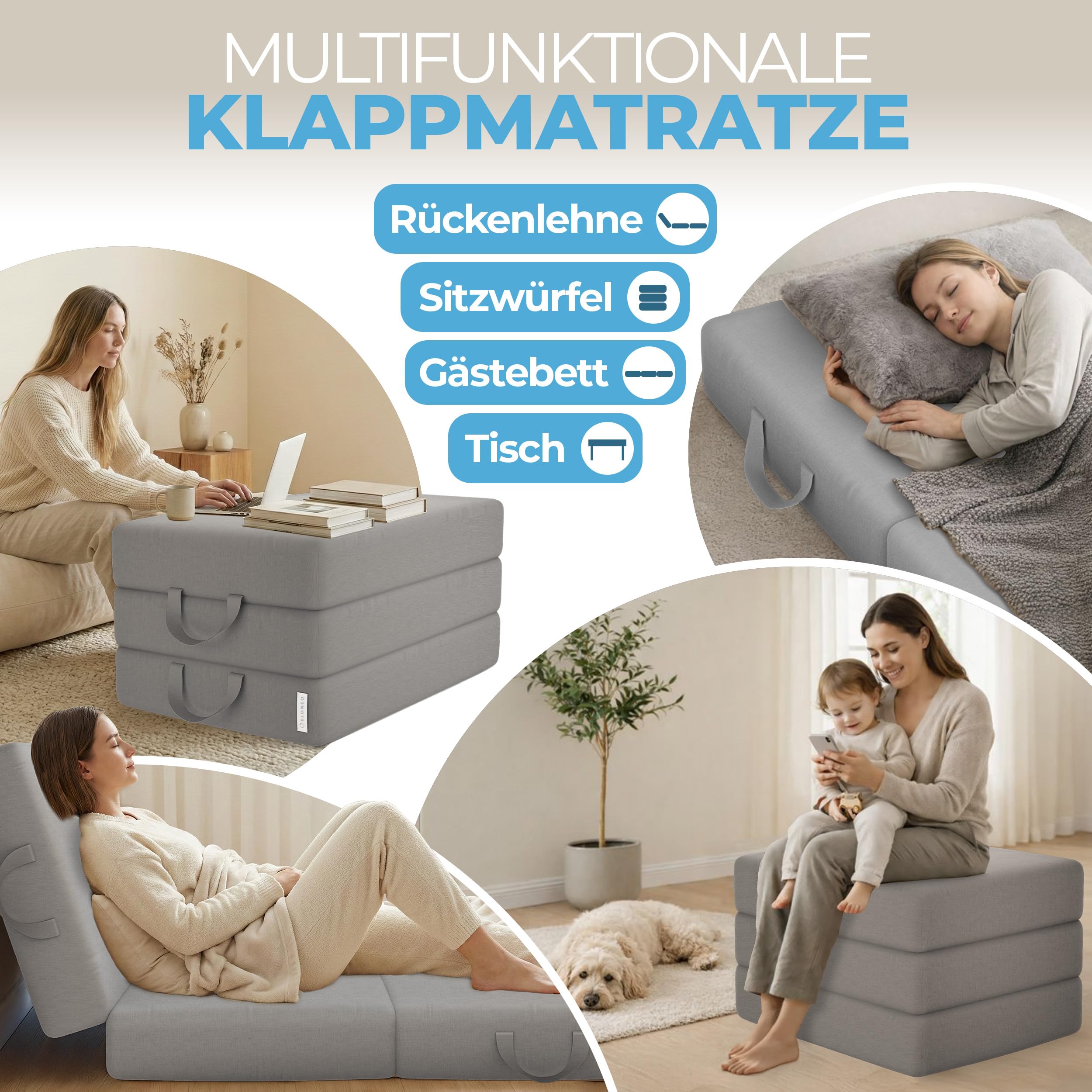 ELONEO Klappmatratze, Gästematratze, 3-teilige Faltmatratze, Schaumstoff extra dick (15cm), waschbar, Bandscheibenwürfel, klappbar, Faltbare Matratze, Erwachsene (Grau, 75 x 195 x 15 cm)