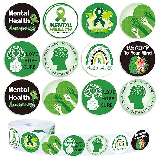 Whaline 1000Pcs Mental Health Awareness Stickers Green Ribbon Awareness Decals Inspirational Postive Self-Adhesive Stickers for Adult Teens Fundraiser Event Mental Health Handout Supplies, 8 Design
