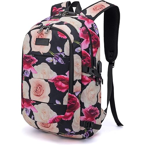 Tzowla Business Laptop Backpack Water Resistant Anti-Theft with USB Charging Port and Lock 15.6 Inch Computer Backpacks for Men, Women, Casual Hiking Travel Daypack (Flower)