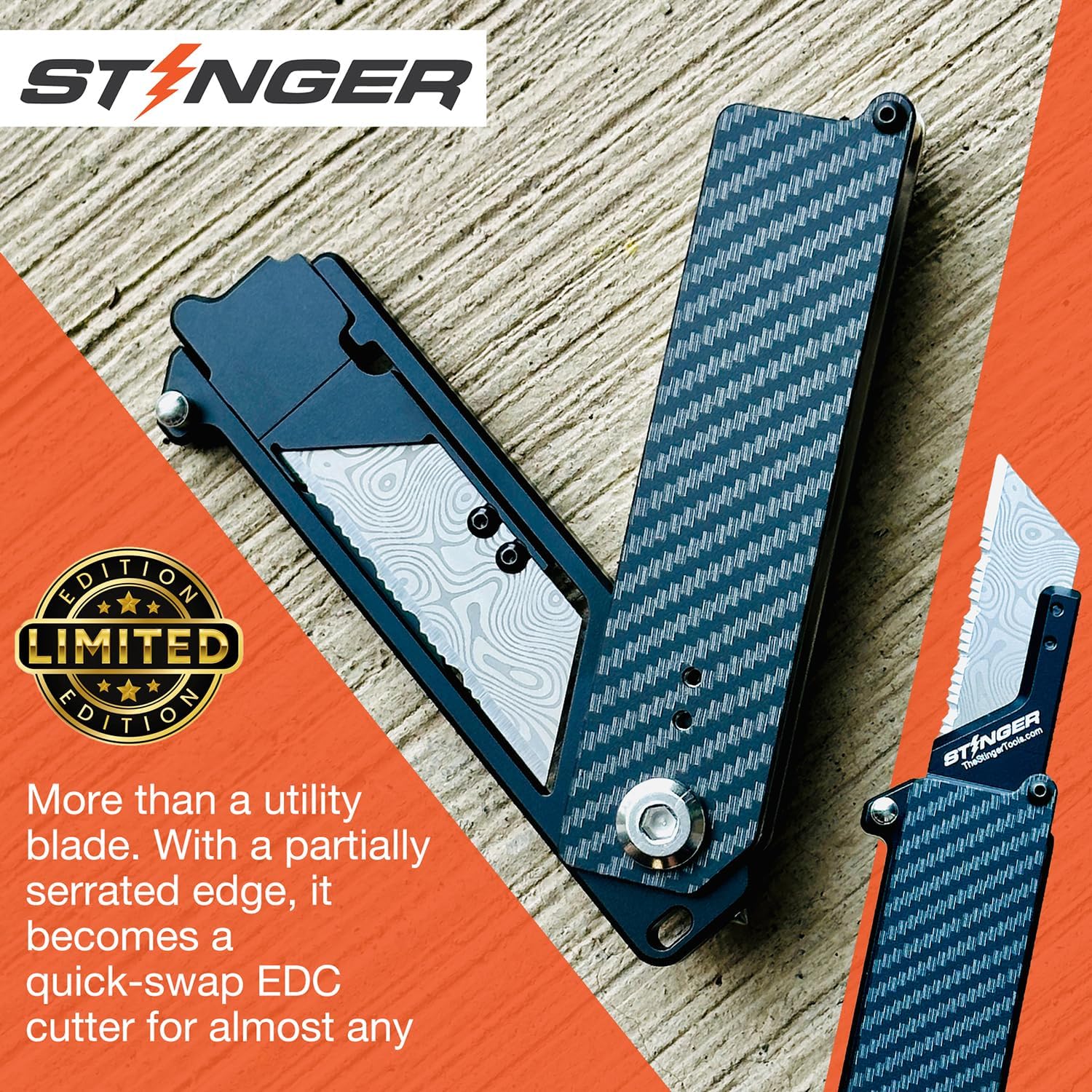 Stinger Special Edition Damascus Pattern Partially Serrated Utility Blades, SK5 Steel Box Cutter Blades, Standard Size Fits Most Utility Knives, 10-Pack with Plastic Case