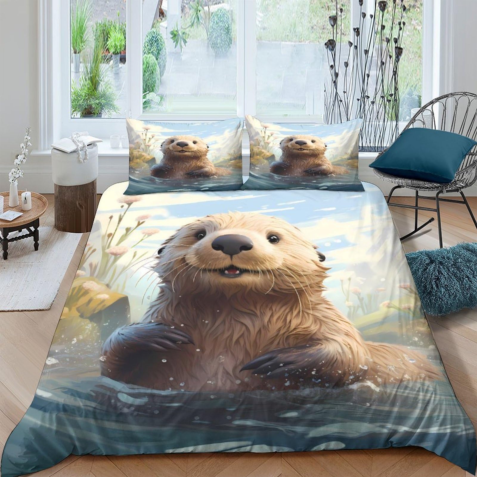 Ctjqhvkz Style-1 3D Printed Cute Otter Fitted Sheet Microfiber Soft Waterproof River Animal Mattress Cover For Bedroom Dorm Decoration Single（135X200cm）