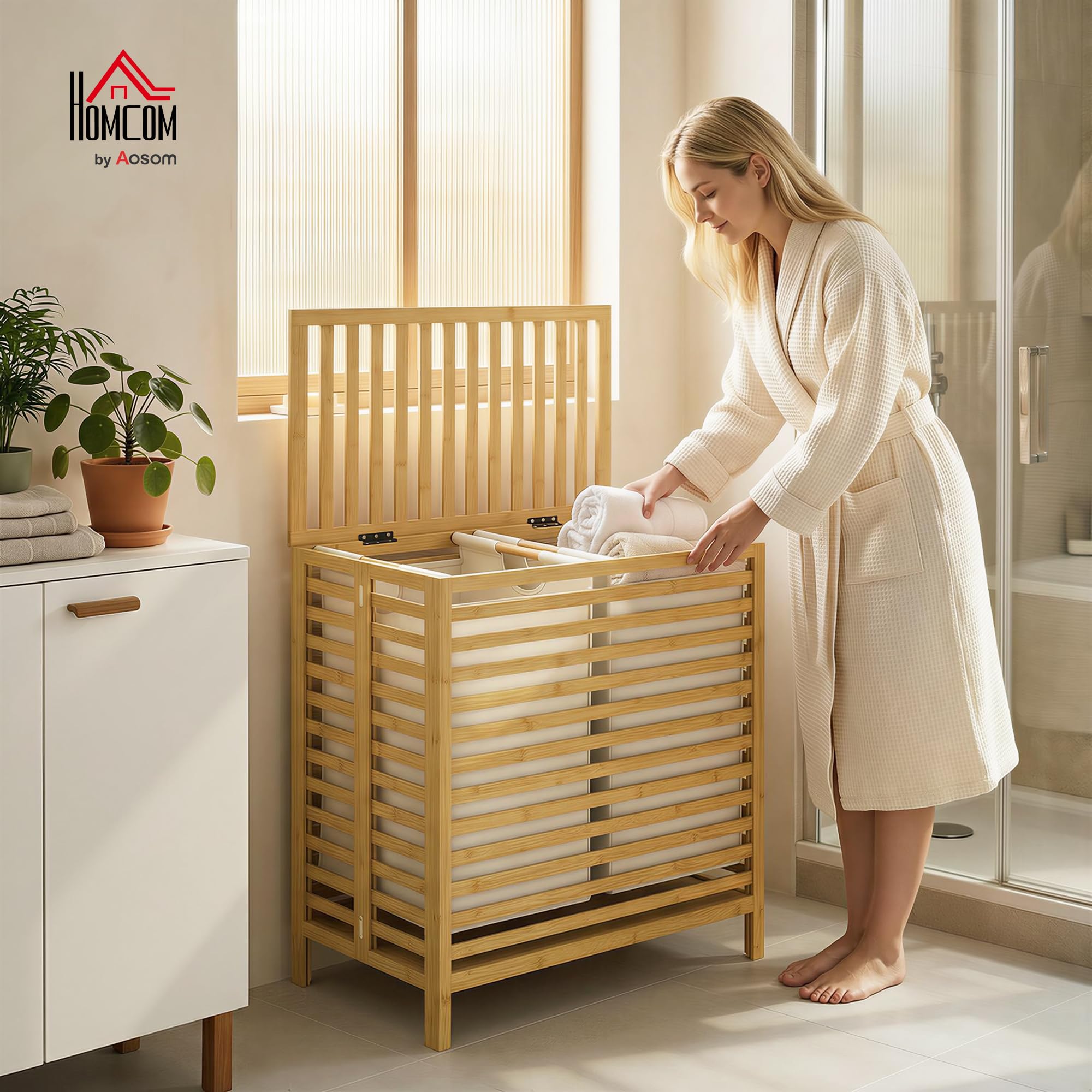 HOMCOM Cesta de ropa de bambú con tapa, 64L bambú natural y blanco crema