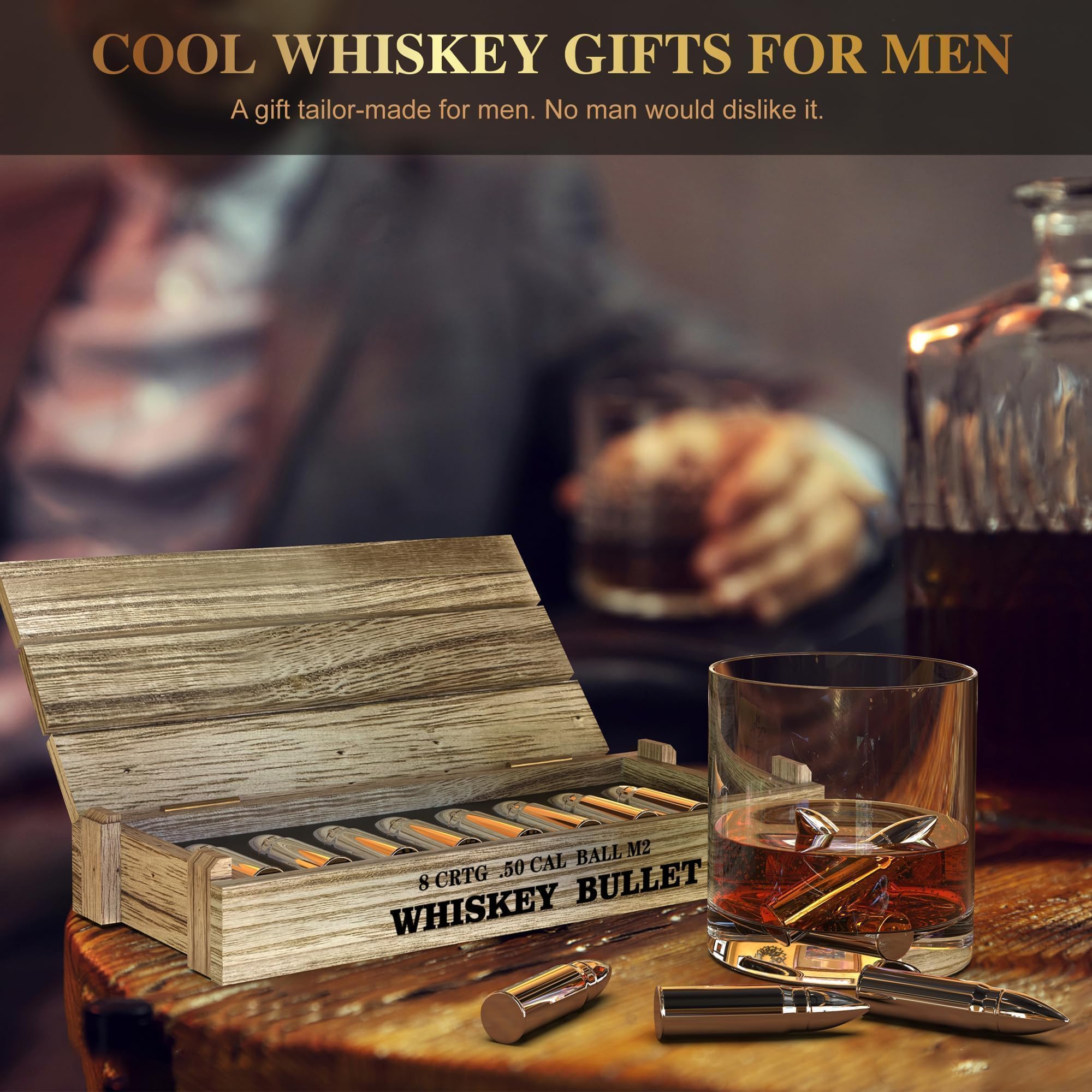 Regalos para el Día del Padre – 8 piedras de whisky de bala – para él o marido, elefante blanco para adultos – Juego de cubitos de hielo de acero de metal reutilizable para aniversario divertido