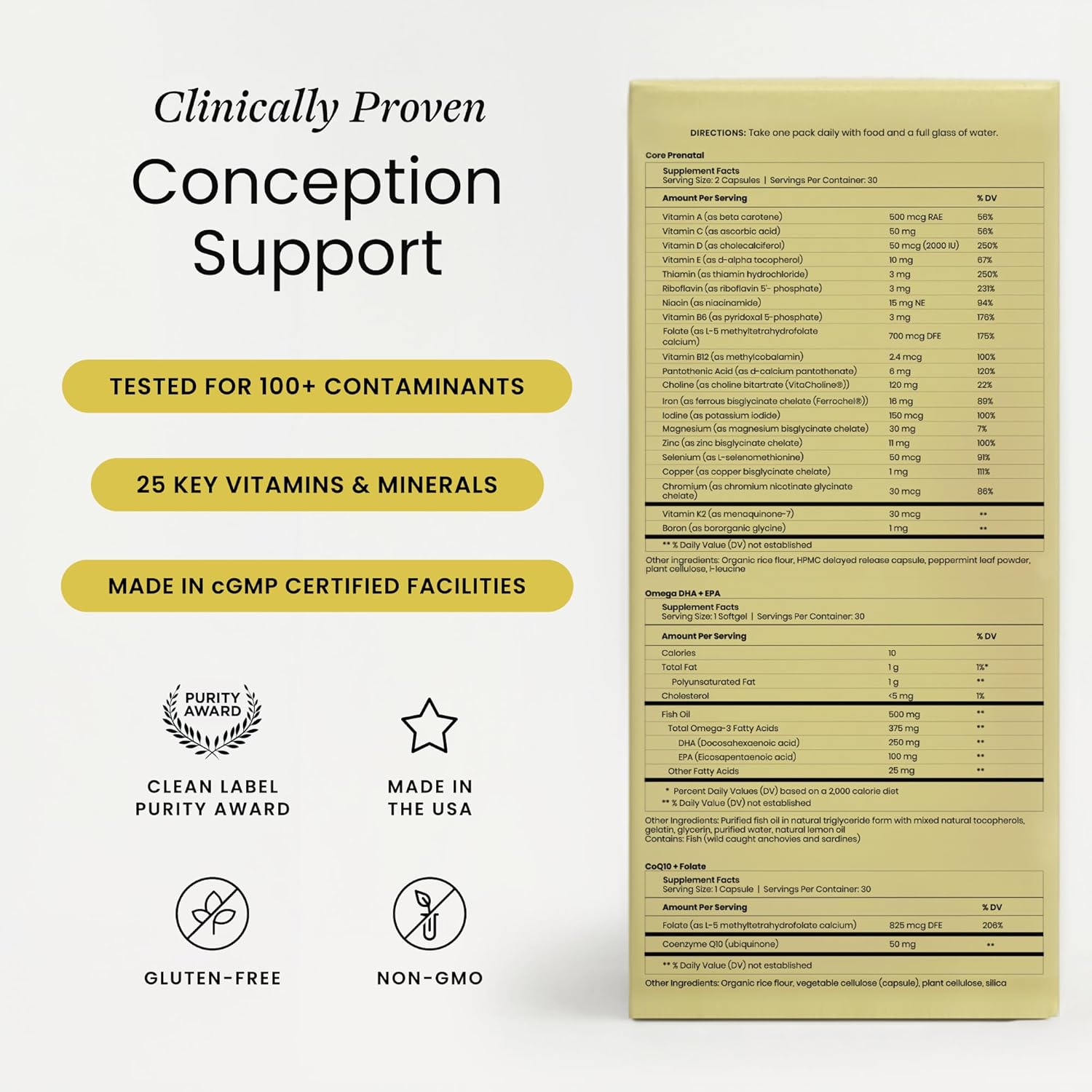 Perelel Conception Support Pack, Prenatal Multivitamin with DHA Omega 3, COQ10 & Folate, Supports Fertility Wellness for Women, Soy & Gluten Free, Non GMO, 30 Daily Pill Packs