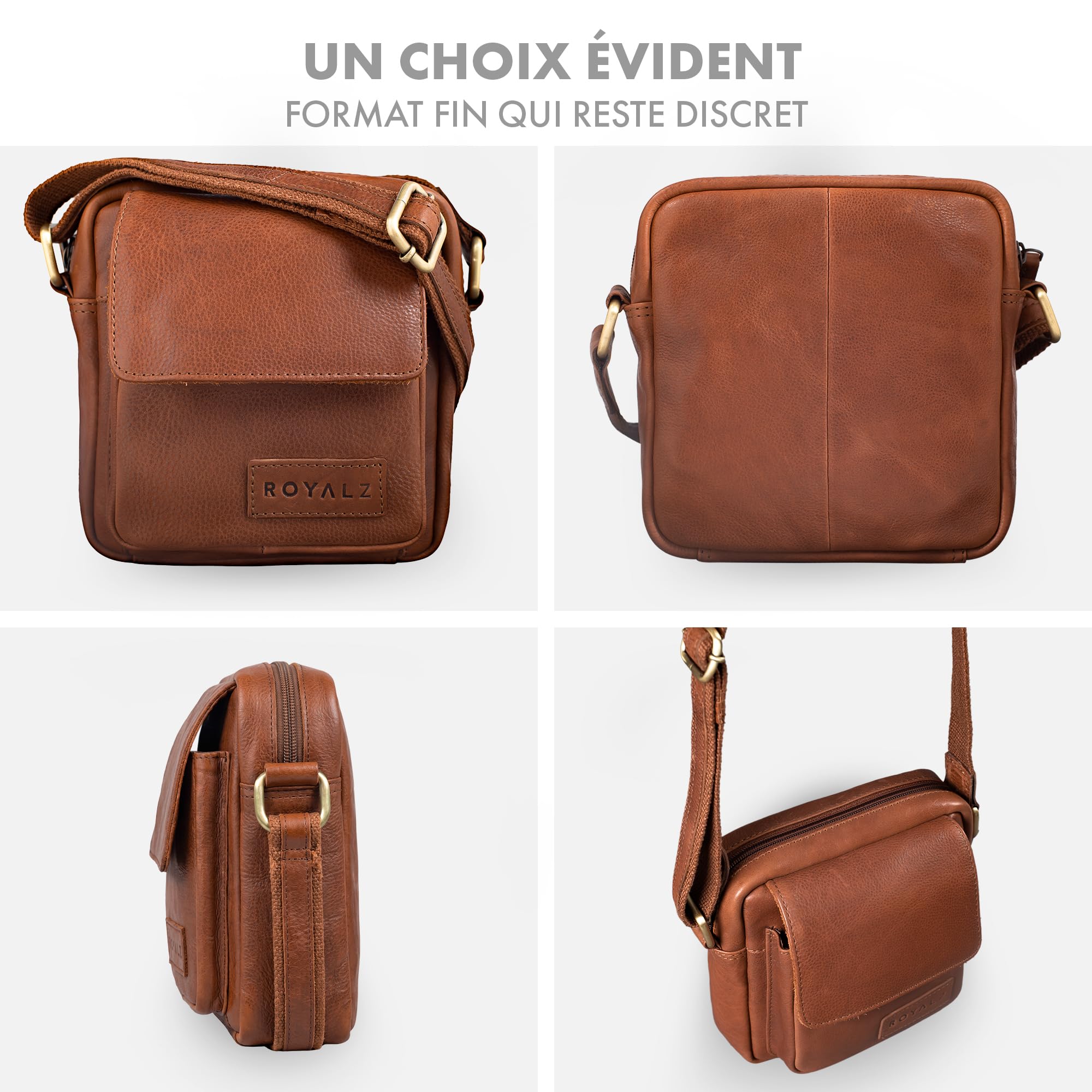 ROYALZ 'Austin' Sac d'épaule Petit pour Hommes en Cuir Véritable - Petite Sacoche Homme Bandouliere Cuir Vintage Messager Besace