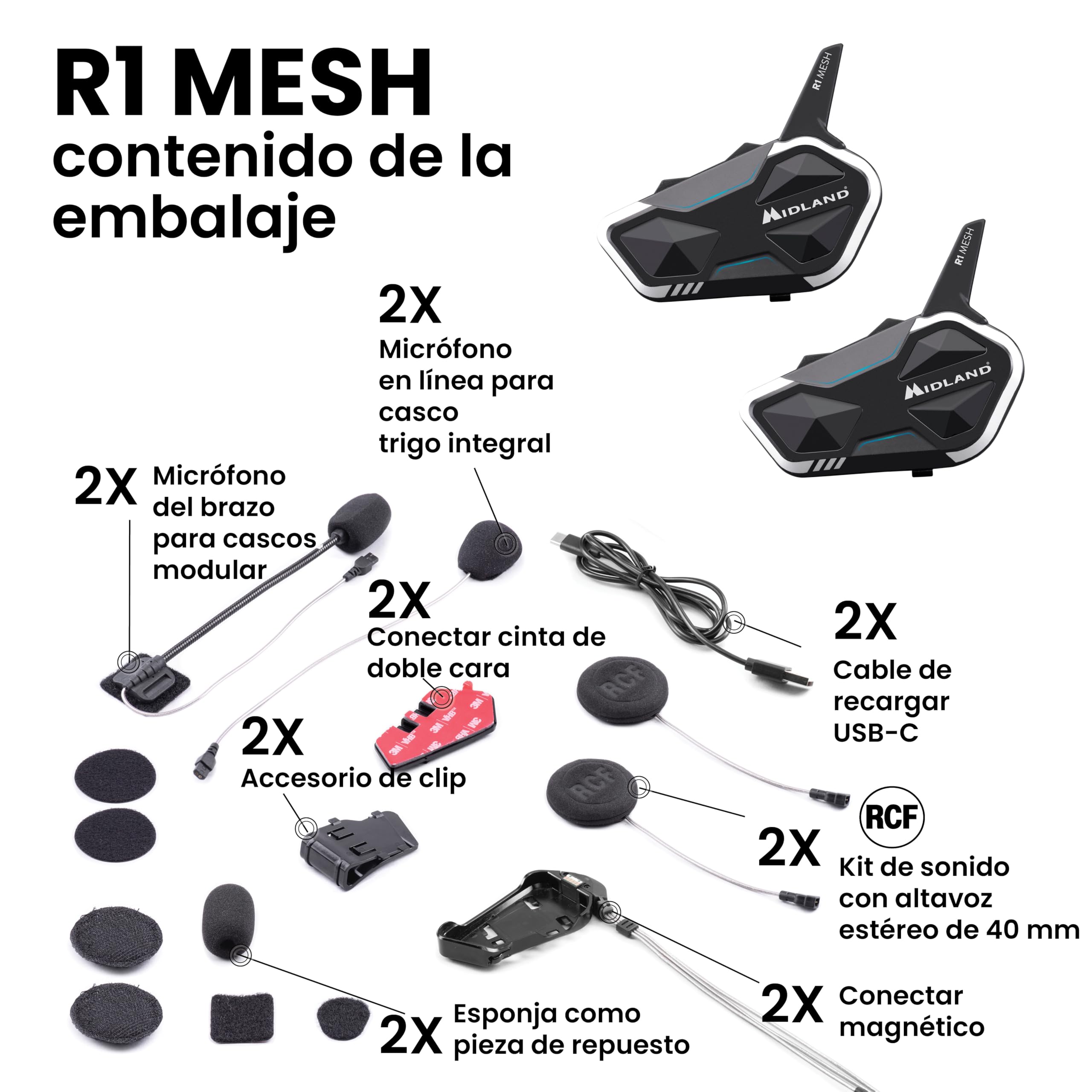 MIDLAND - R1 Mesh Intercomunicador Casco Moto, 2 Auriculares Inalámbricos Bluetooth + Mesh, Waterproof IPX6, Alcance 500m, 23H, Audio RCF, Stereo Background, Compatible con TFT y Radio FM, 6 Personas