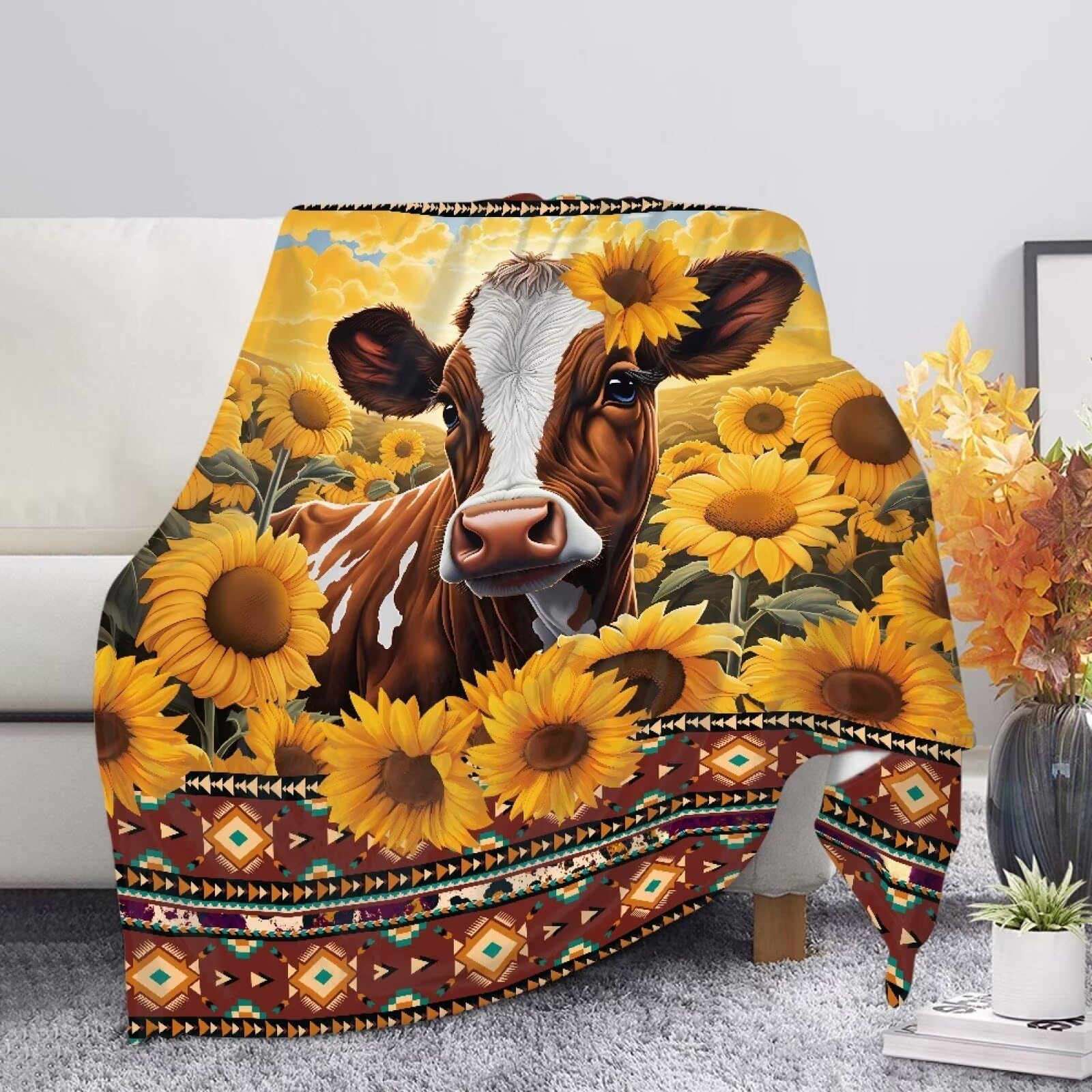 Plaid de canapé doux et chaud jeté de lit marron motif aztèque automne