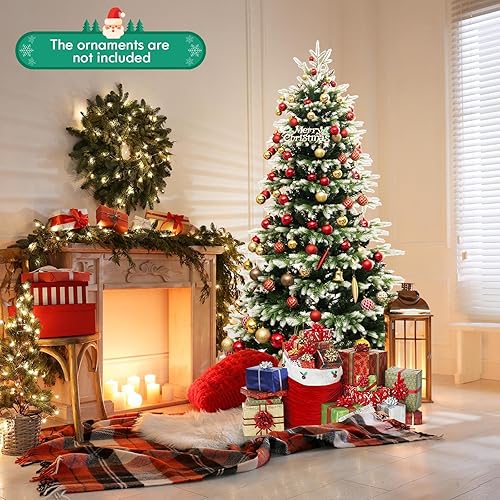 Miniatura 8 de GOFLAME Árbol de Navidad artificial preiluminado de 7 pies, árbol de Navidad con bisagras con 500 luces LED, 2489 puntas de rama, conector de