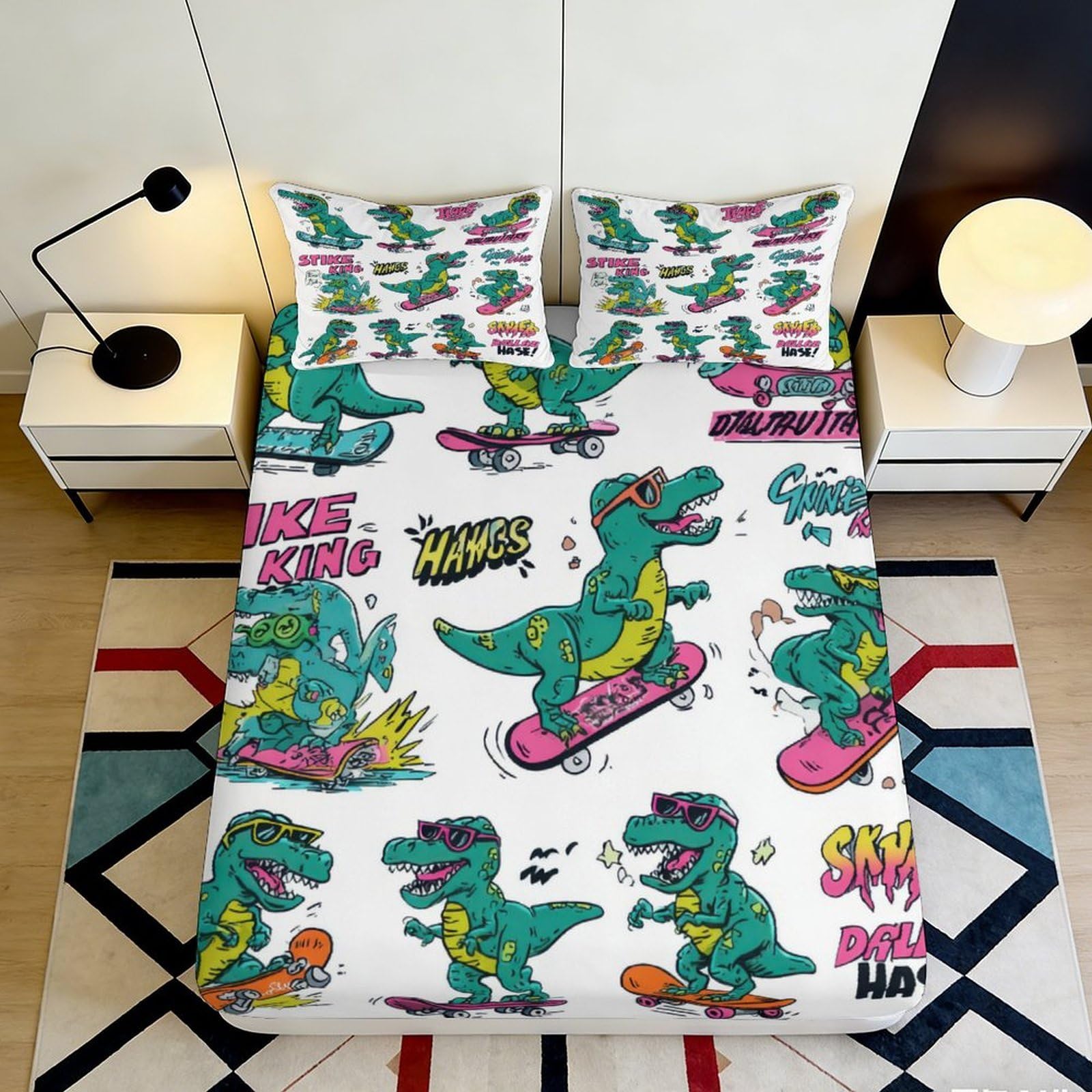 Dhbaneiok Style-5 3D Printed Cartoon Dinosaur Fitted Sheet Microfiber Colorful Graffiti Skateboard Bed Cover For Bedroom Dorm Mattress Decor 90X200x25cm