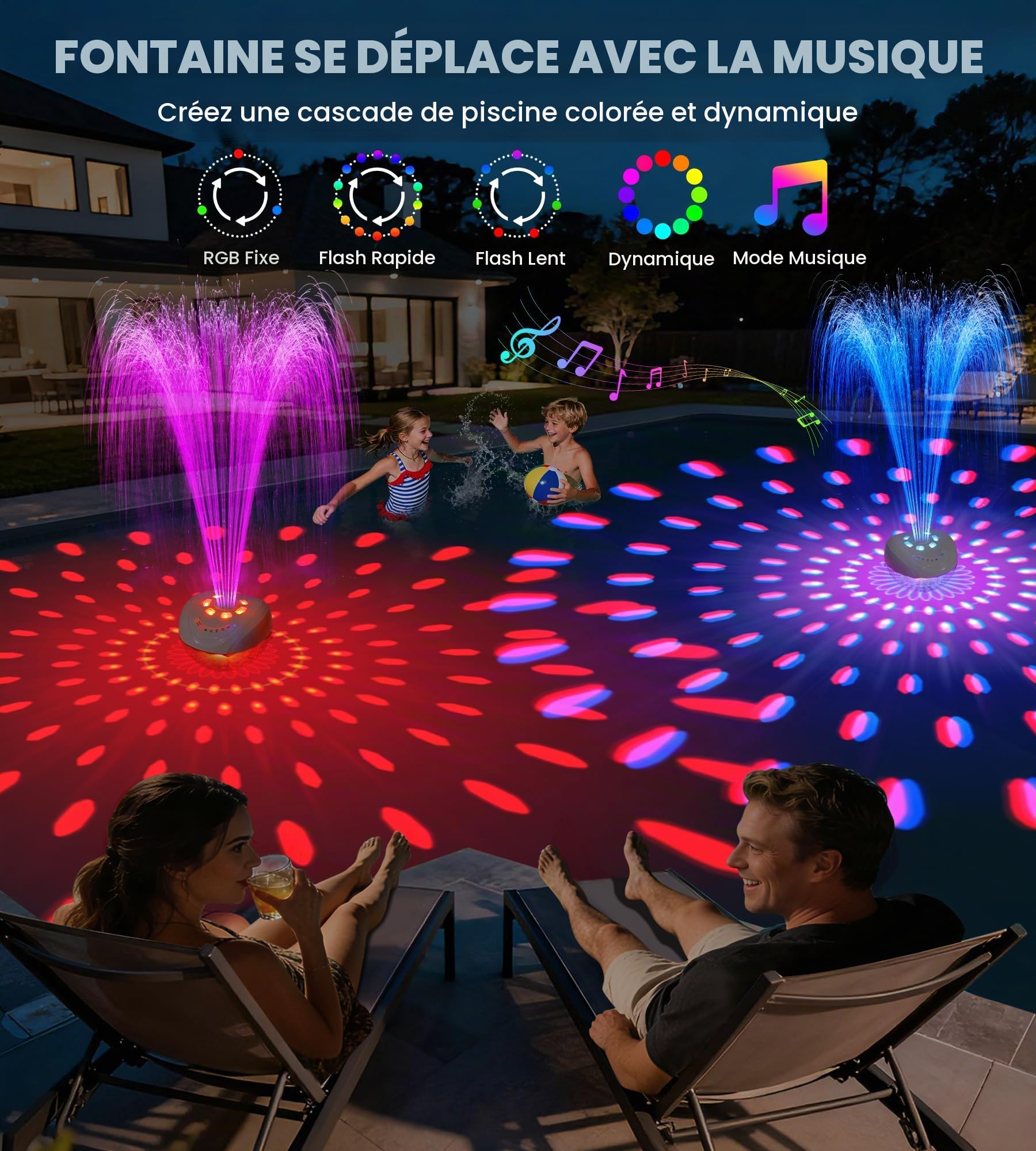Luxfero 3 en 1 Enceinte Picsine avec Fontaine & Lumière,Enceinte Bluetooth Piscine Étanche IP68,Enceinte Flottante, Haut Parleur Bluetooth Puissant,Stéréo HD,BT5.4,24H Fontaine Piscine Rechargeable