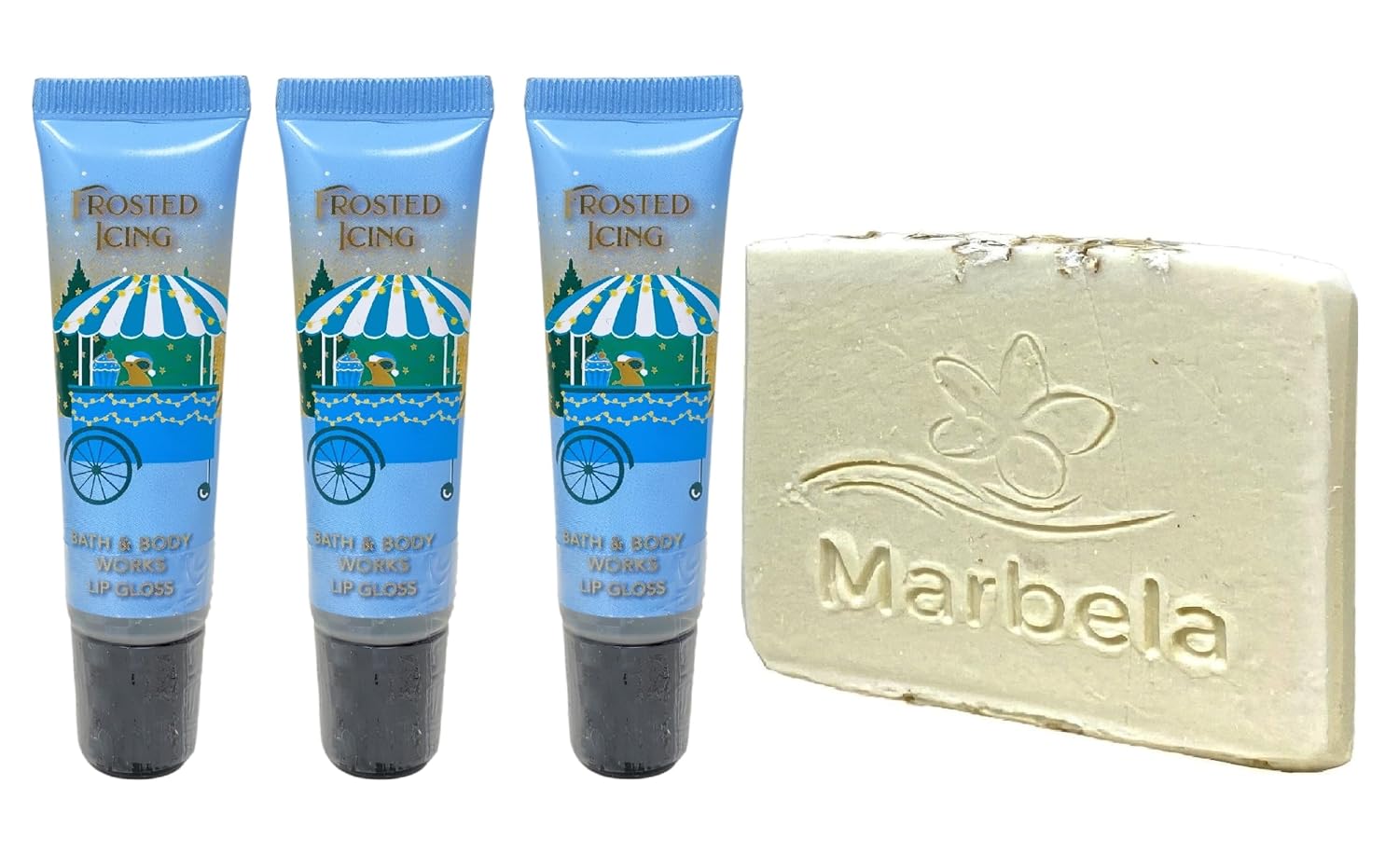 Bath & Body Works Frosted Icing 3 Lip Glosses with a Natural Oats Sample Soap