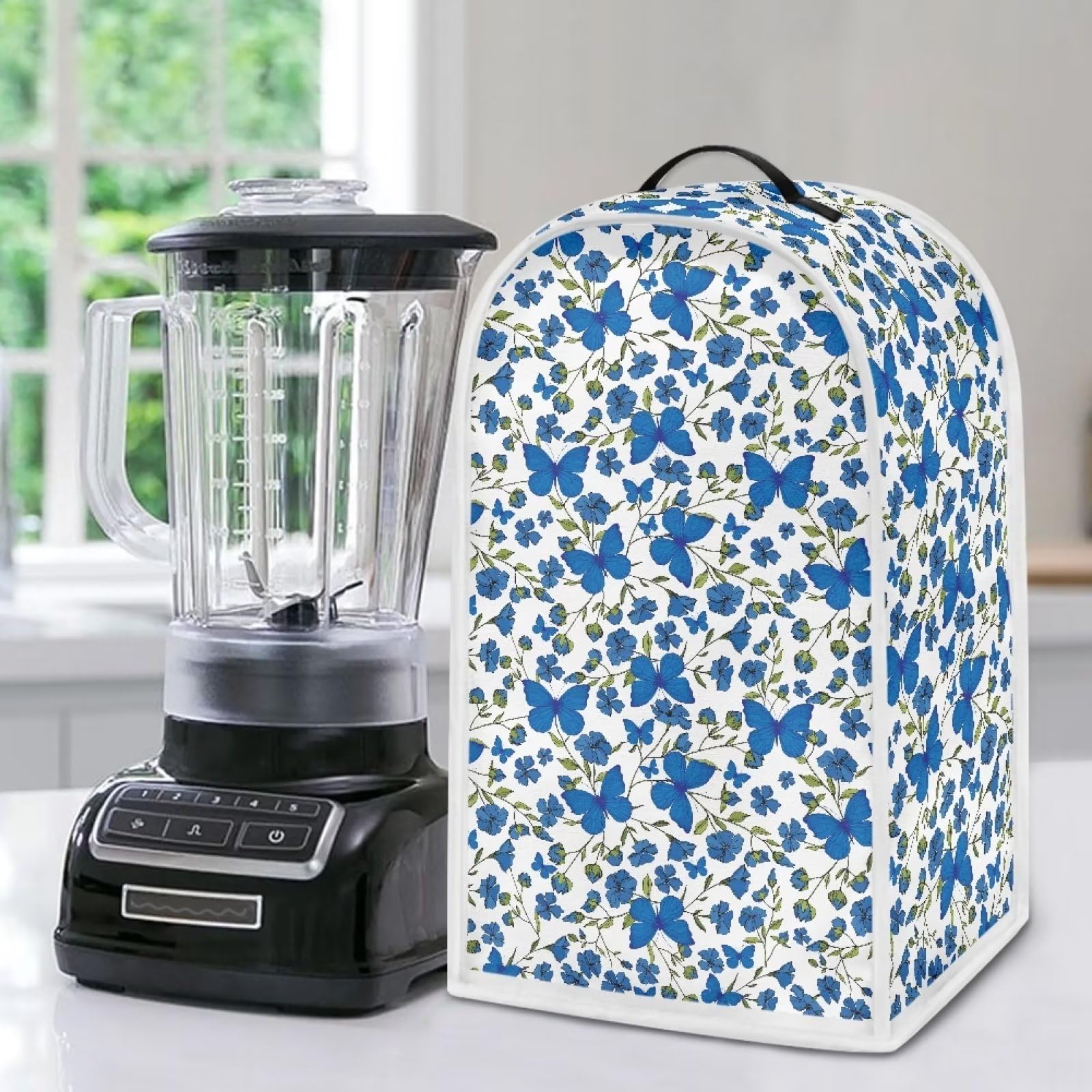 Poceacles Blue Butterflies Floral Designs Blender Covers, Blender Dust Stand Mixer Appliance Cover Anti Fingerprint Dust Proof Stain Resistant Blender Cover with Top Handle