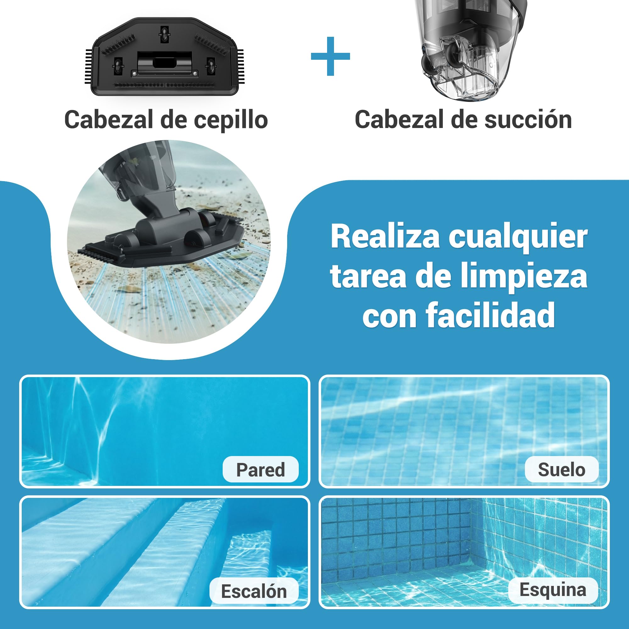 Aspiradora de Piscina Manual Inalámbrica para Piscinas Desmontables y Spas – Limpiador de Piscina Recargable con 60 Minutos de Autonomía, Barra Telescópica y Filtro Fino, Ideal para SPA e Hidromasaje
