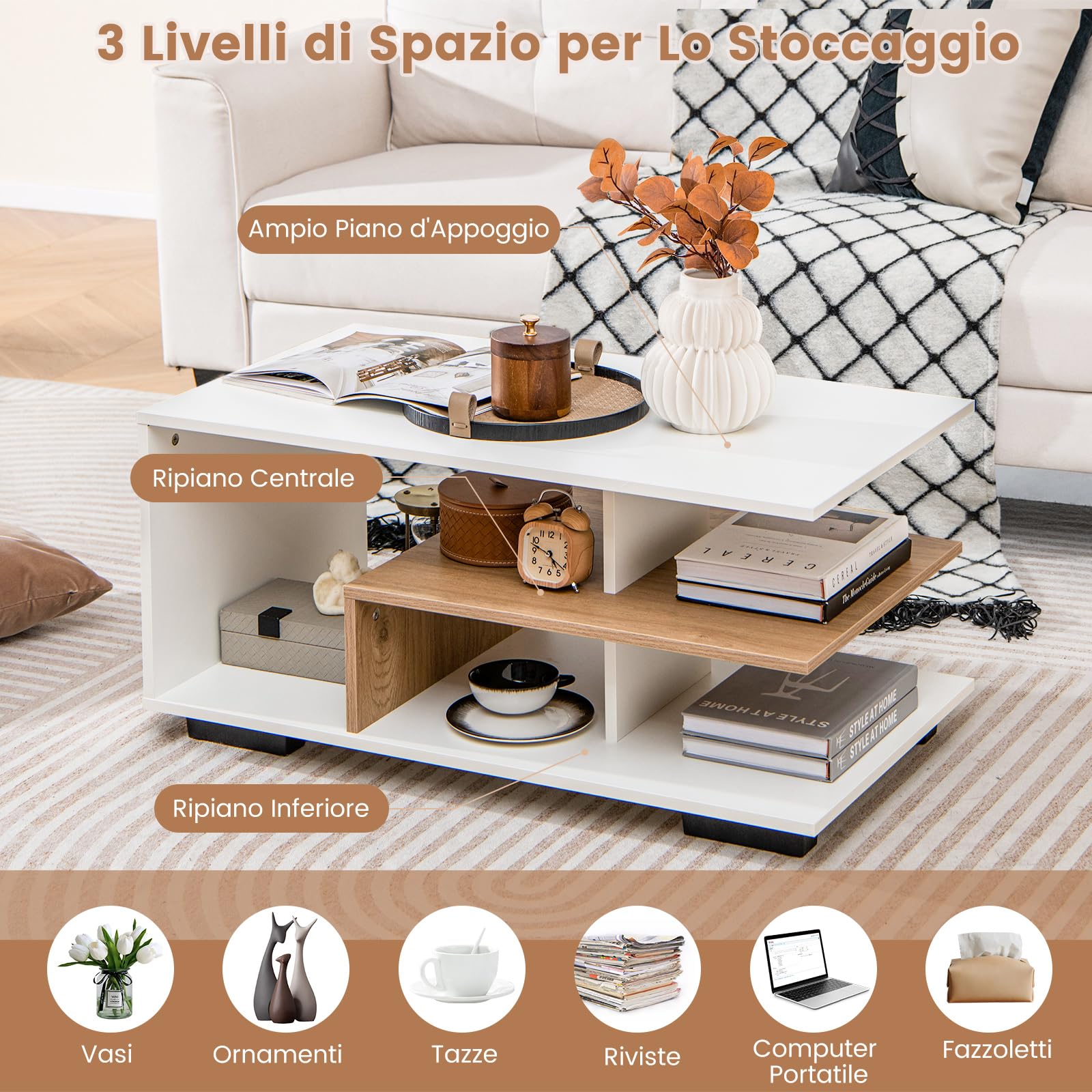 COSTWAY Tavolino da Caffè Rettangolare, Tavolo da Salotto Moderno con Mensola Centrale a Forma di L, Tavolino a 3 Livelli per Soggiorno, Sala di Ricevimento e Ufficio (Bianco)