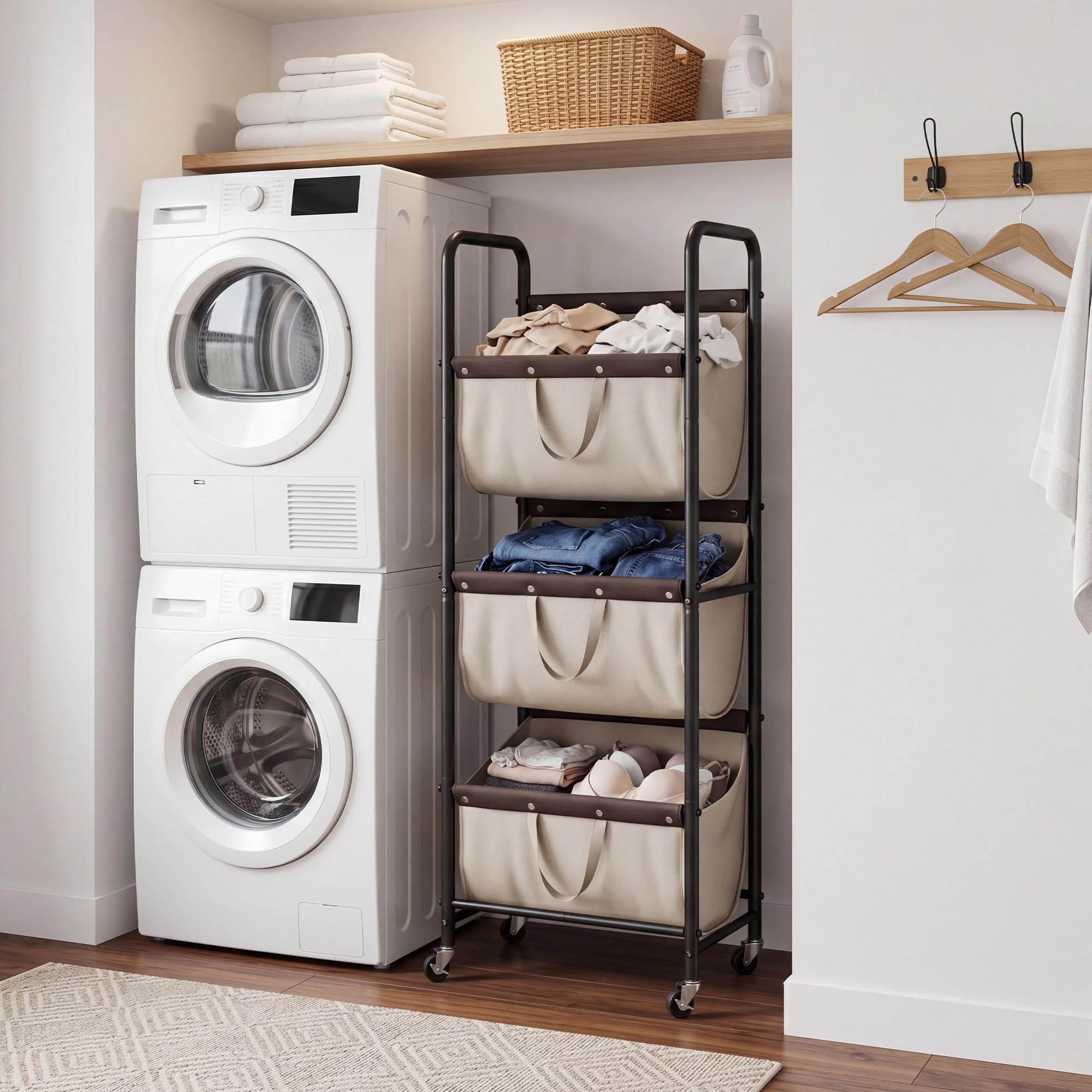 GRANNY SAYS Cesto Ropa Sucia de 3 Lazos, Cesta de Lavandería con Ruedas, Organización y Almacenamiento de Lavandería, Caqui Cesta Ropa Sucia con Ruedas de 3 secciones para Dormitorio, Laundry Basket | Cesta de lavandería resistente de 3 secciones con rued