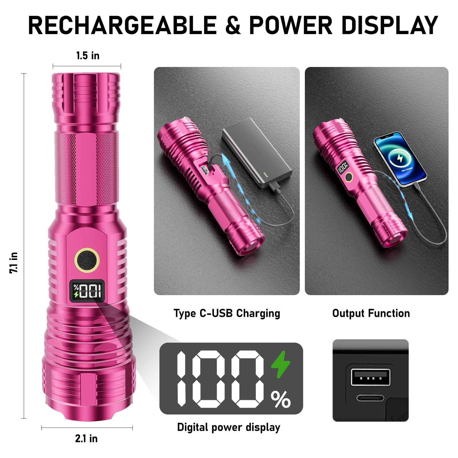 Torcia ricaricabile ad alta luminosità, LED super luminosa, fascio lungo, zoomabile Linternas con display digitale LCD, 5 modalità, impermeabile, potente torcia tattica per emergenze, regalo da