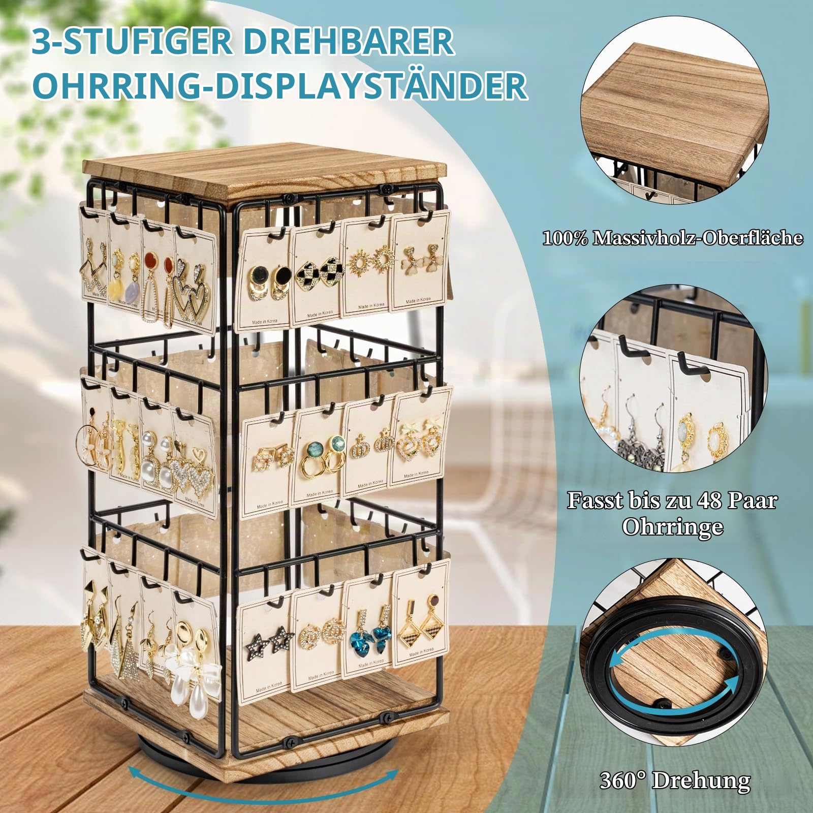 360° Drehbare Ohrringe Aufbewahrung 2er Pack, Holz Schmuck-Display für Verkäufer, Schmuckständer-Organizer für Ohrstecker Ohrringe & Armbänder, Geschenk für Frauen (Rustikal Braun)