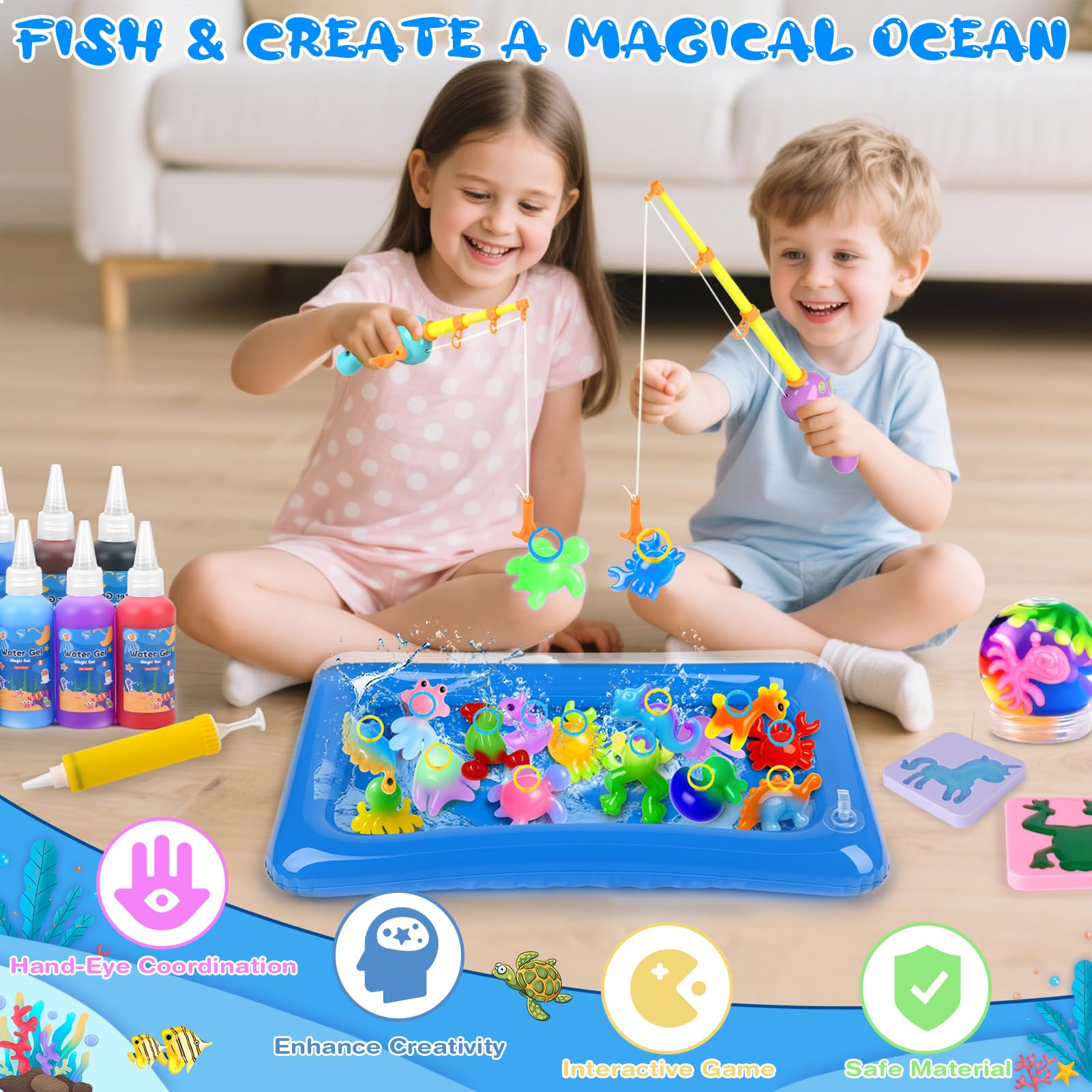 Dreamon Aqua Gelz Set, 71PCS Magic Jelly Set con 14 Gel Colorati, 2 Canne da Pesca, Giocattolo Educativo per Bambini 3+ Anni, Regalo DIY Ragazzi e Ragazze