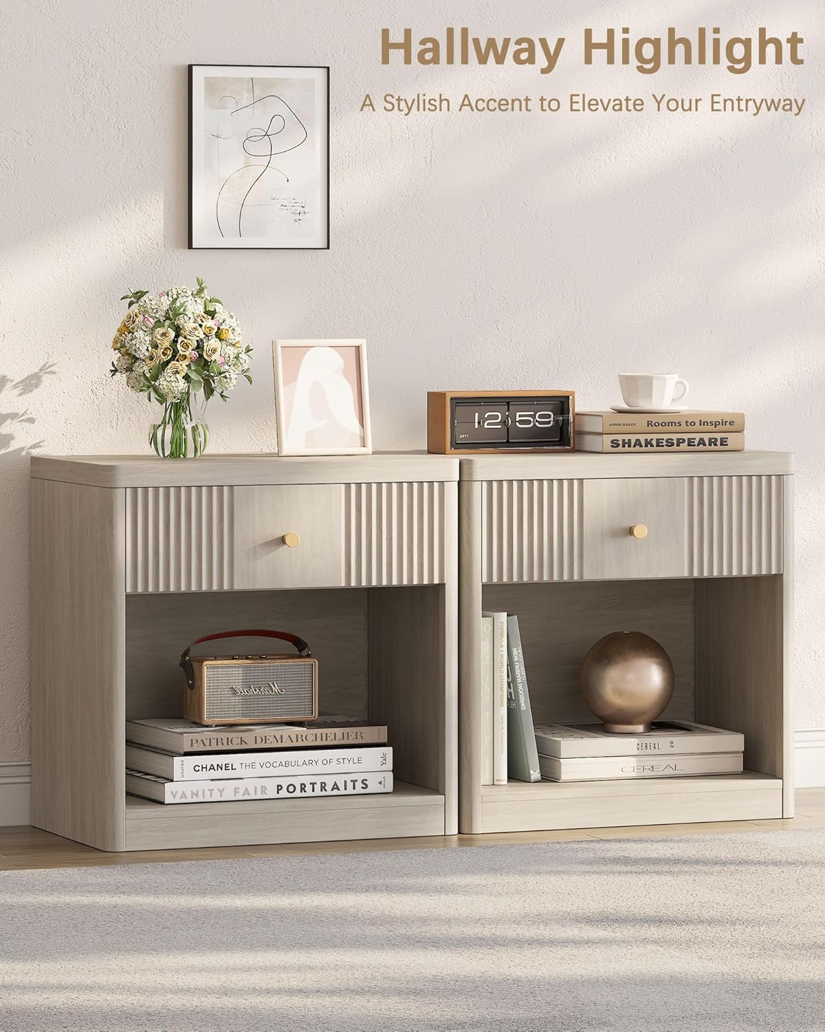 Night Stand Set of 2 Nightstands with Drawer, Large Modern Fluted Bedside Table Bed Side Table End Table with Storage for Bedroom, Living Room, Sofa, Office,White Alder
