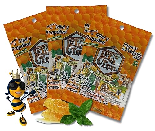 Miel & propoleo caramelos con menta (caramelo de miel y propóleos con menta), paquete de 3 (12 caramelos cada uno), pastillas naturales relajantes,