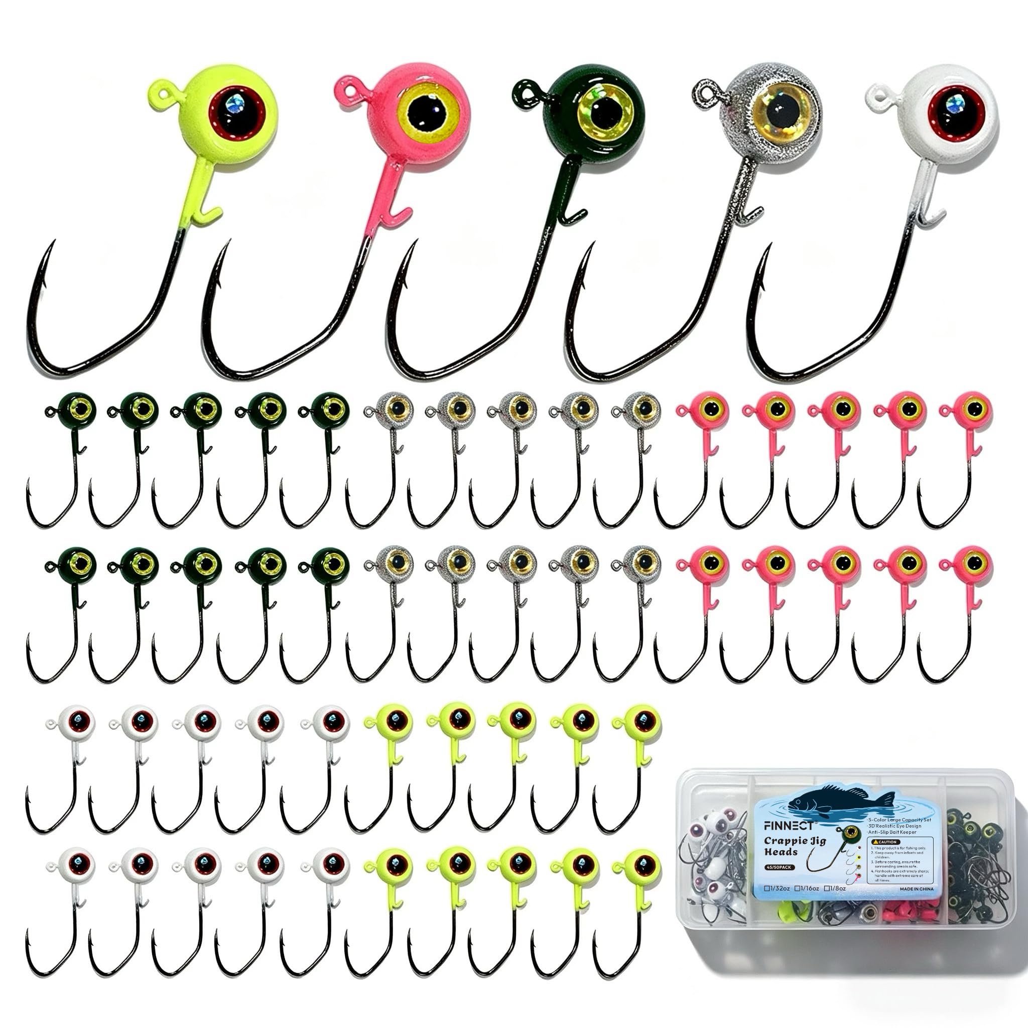 Crappie Jig Heads Kit, confezione da 45/50, 1/32 oz, 1/16 oz, 1/8 oz, 5 colori per pesca d'acqua dolce per spigola, glaucomi, panfish