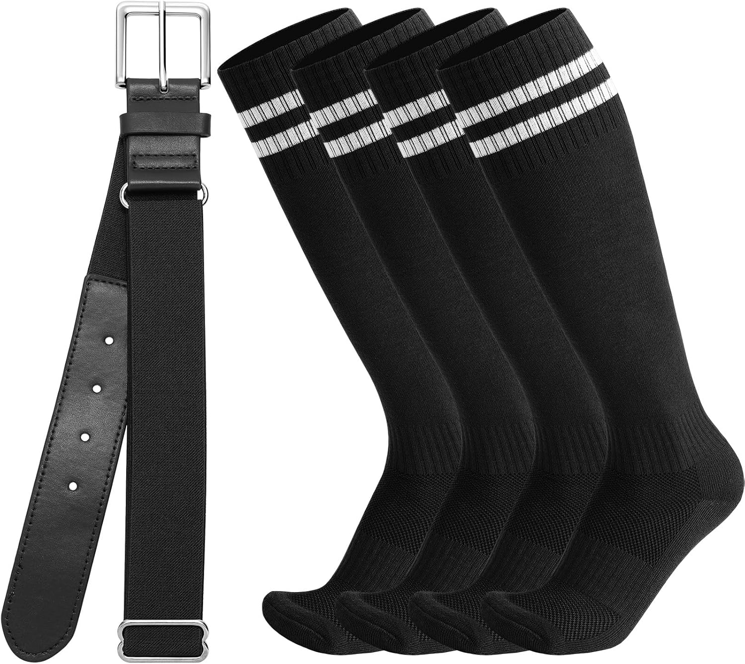 SANSTHS Youth Baseball Socks and Belt Combo Toddler Kids Softball Sock and Belt for Boys Men(2 Pairs of Socks & 1 Belt)