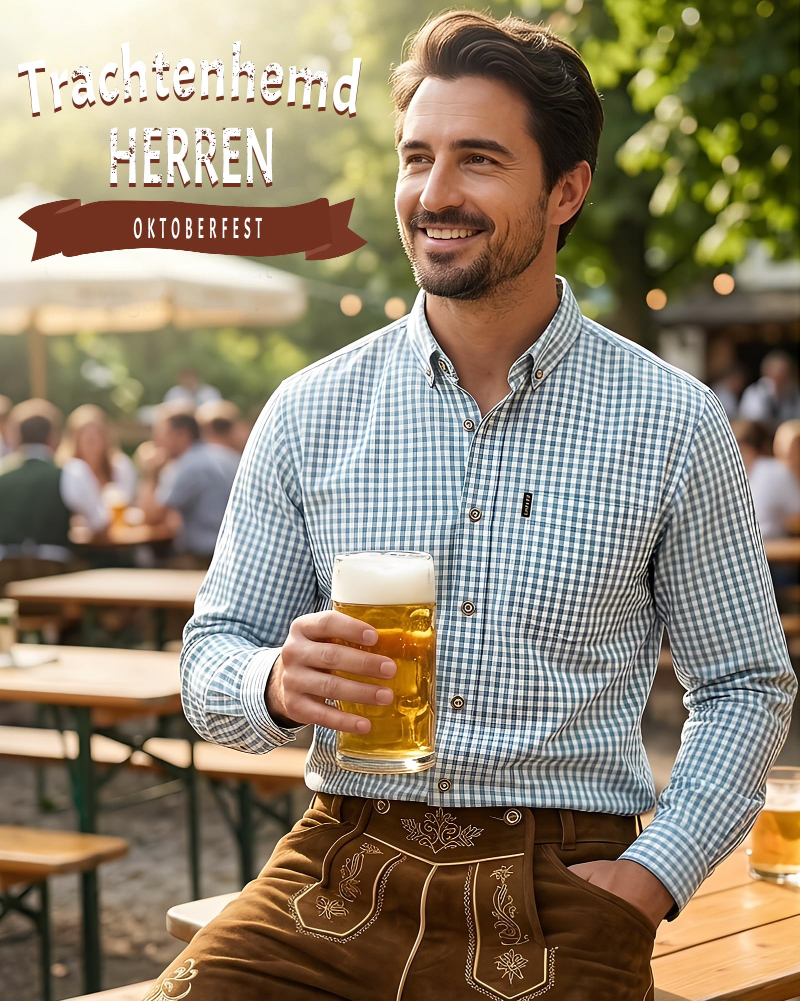 Trachtenhemd Herren Oktoberfest Kariertes Hemd Langarm Baumwolle Traditionell Freizeithemd Comfort Fit in Rot Grün Blau XS-3XL