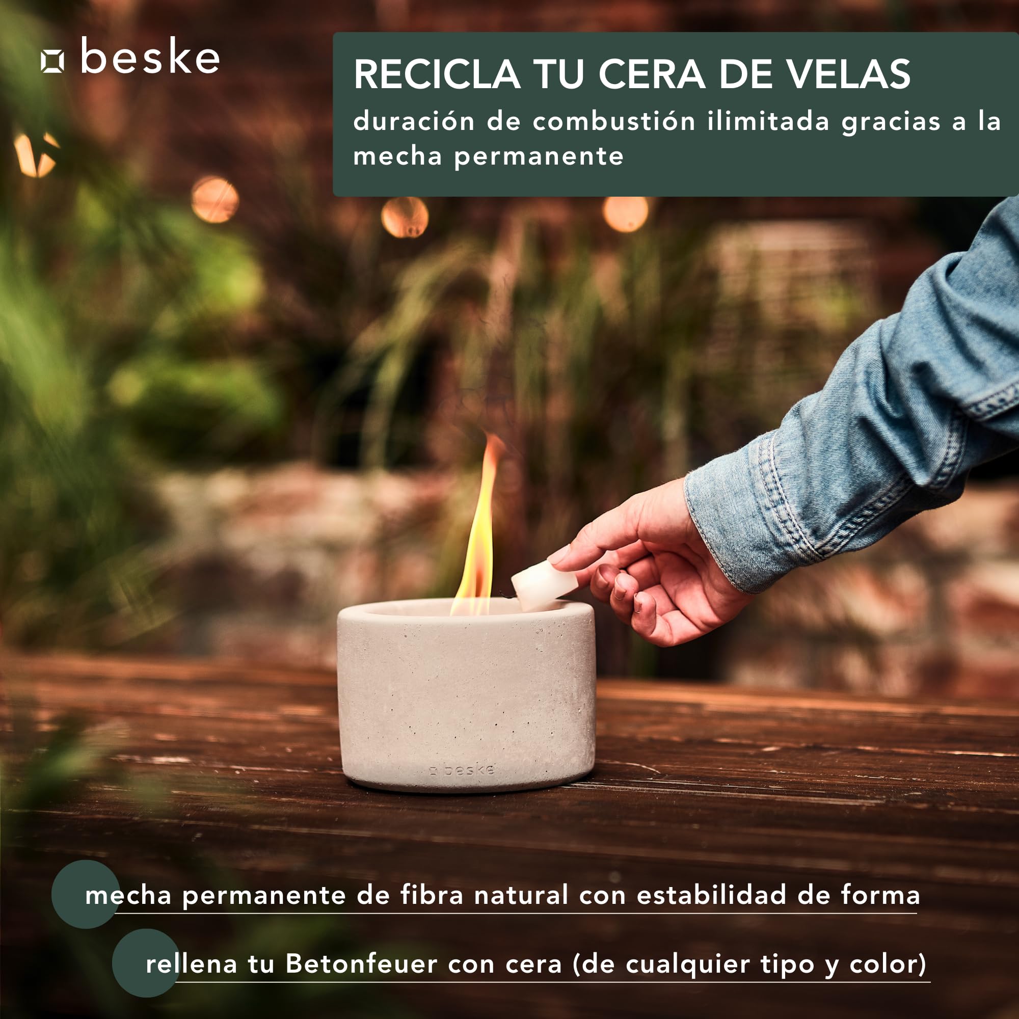 Antorcha Decorativa de Exterior en hormigón | Modelo Solo (⌀14 cm) | Sistema de Mecha Permanente, duración ilimitada | para jardín y terraza | Hecho a Mano en Alemania
