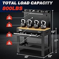 Vista 2 de WORKPRO Banco de trabajo de garaje de 45 pulgadas con almacenamiento, banco de trabajo resistente con tablero de clavijas, tomas de corriente y luz