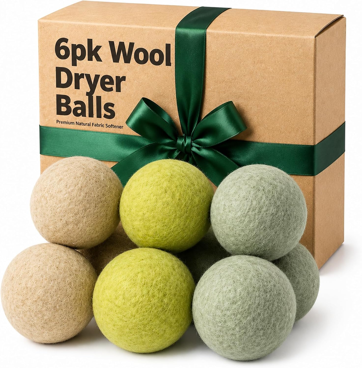 Wool Dryer Balls, 6 Pack, 100% New Zealand Wool, Natural Fabric Softener