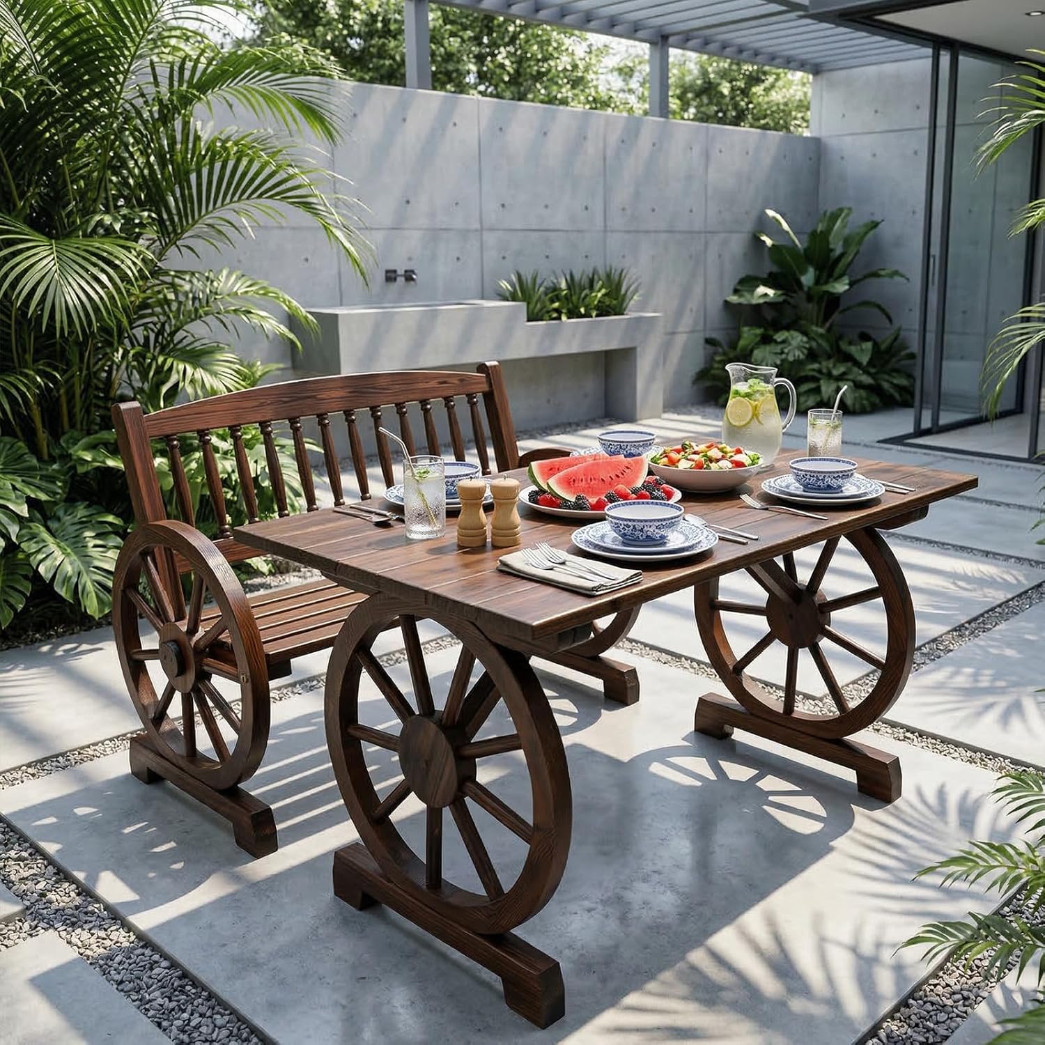 Outvita 4-Person Fir Wood Dining Table, Rustic Wheel Leg Patio Table, Waterproof Carbonized Solid Wooden Table for Indoor Outdoor Garden Backyard