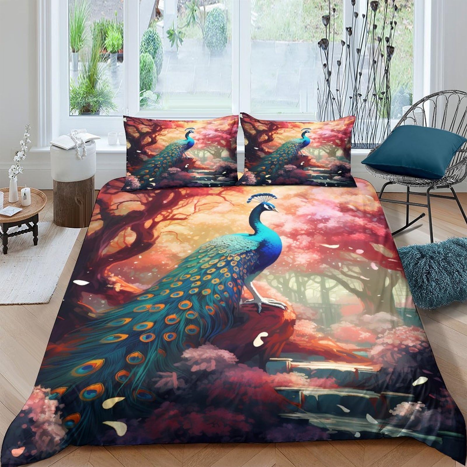 Ctjqhvkz Style-4 3D Printed Peacock Forest Fitted Sheet Microfiber Soft Anti-Slip Mattress Cover For Bedroom Guest Room Artistic Decor Single（135X200cm）