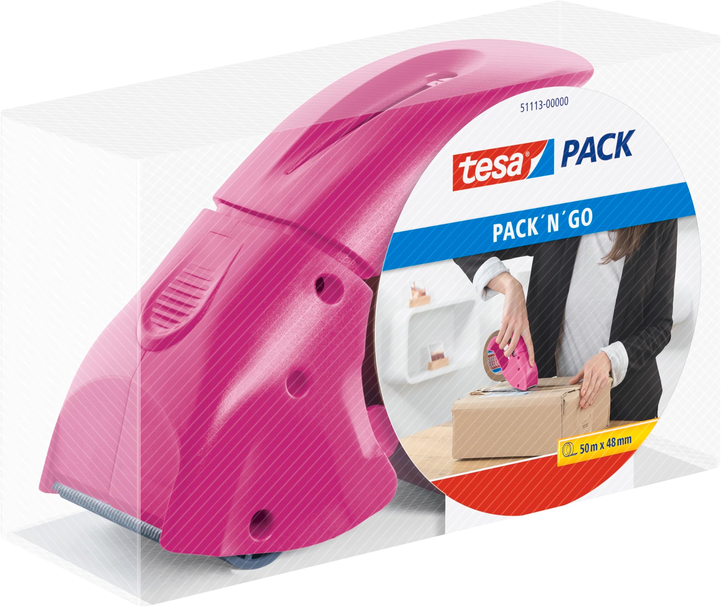 tesapack Hand Dispenser Pack-N-Go - Ergonomic Handheld Pink Packaging Tape Dispenser for Packing Tape, Includes 50 m x 48 mm Tape Roll