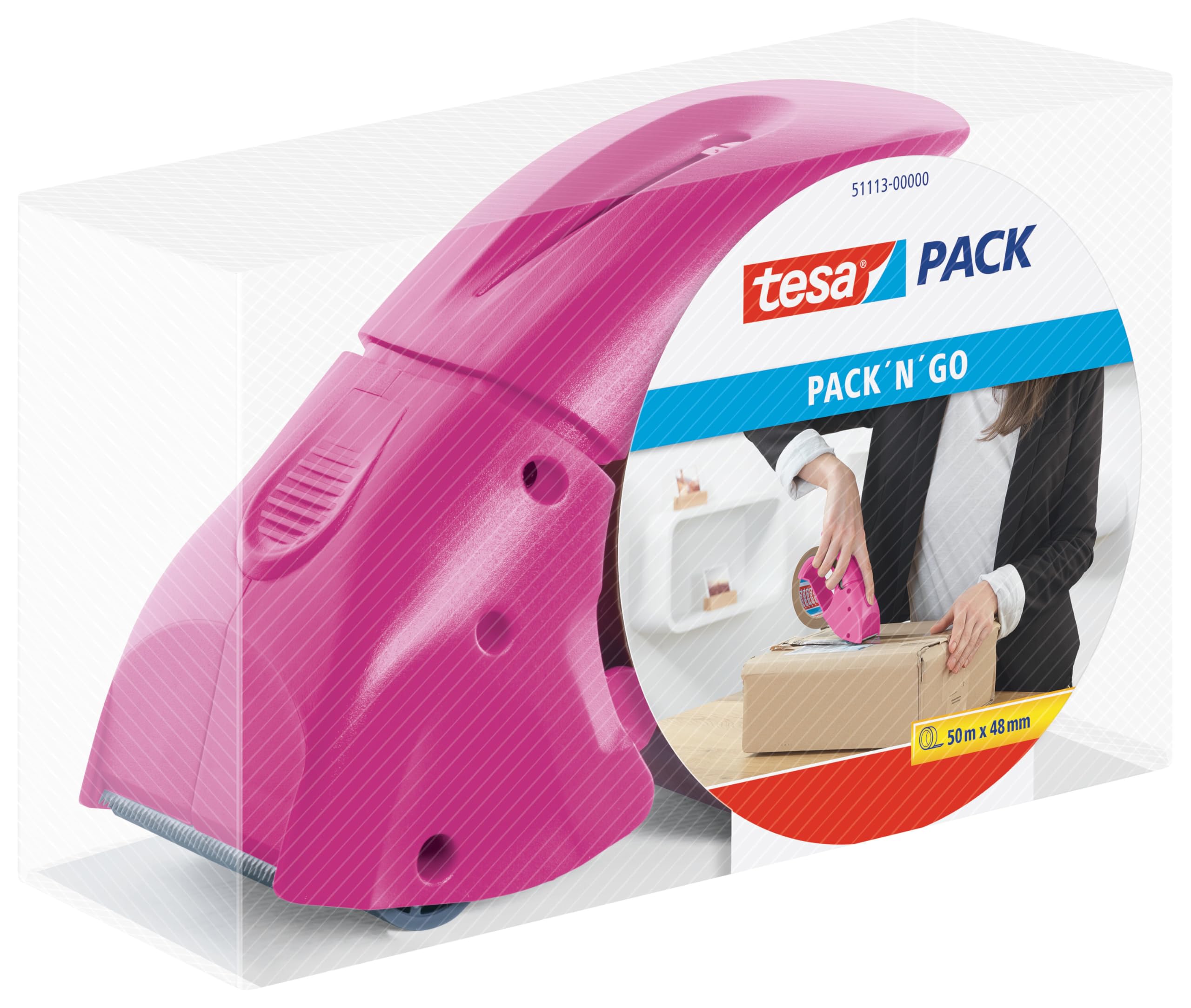 tesapack Hand Dispenser Pack-N-Go - Ergonomic Handheld Pink Packaging Tape Dispenser for Packing Tape, Includes 50 m x 48 mm Tape Roll