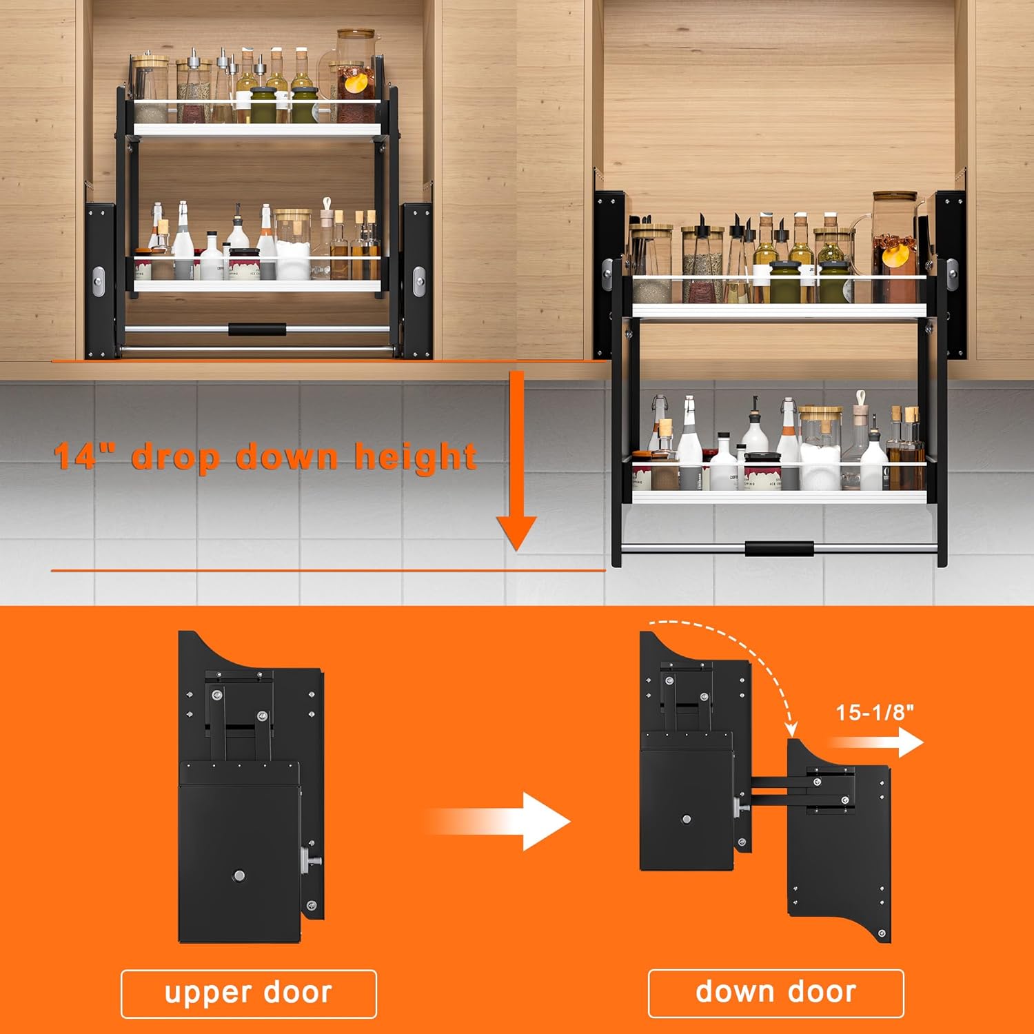 Pull Down Shelf,2-Tier Organizer for Upper Cabinets - Fits 22-24 Inch Wide Upper Cabinets, Heavy Duty Chrome Steel, Space Saving Storage Solution,Black