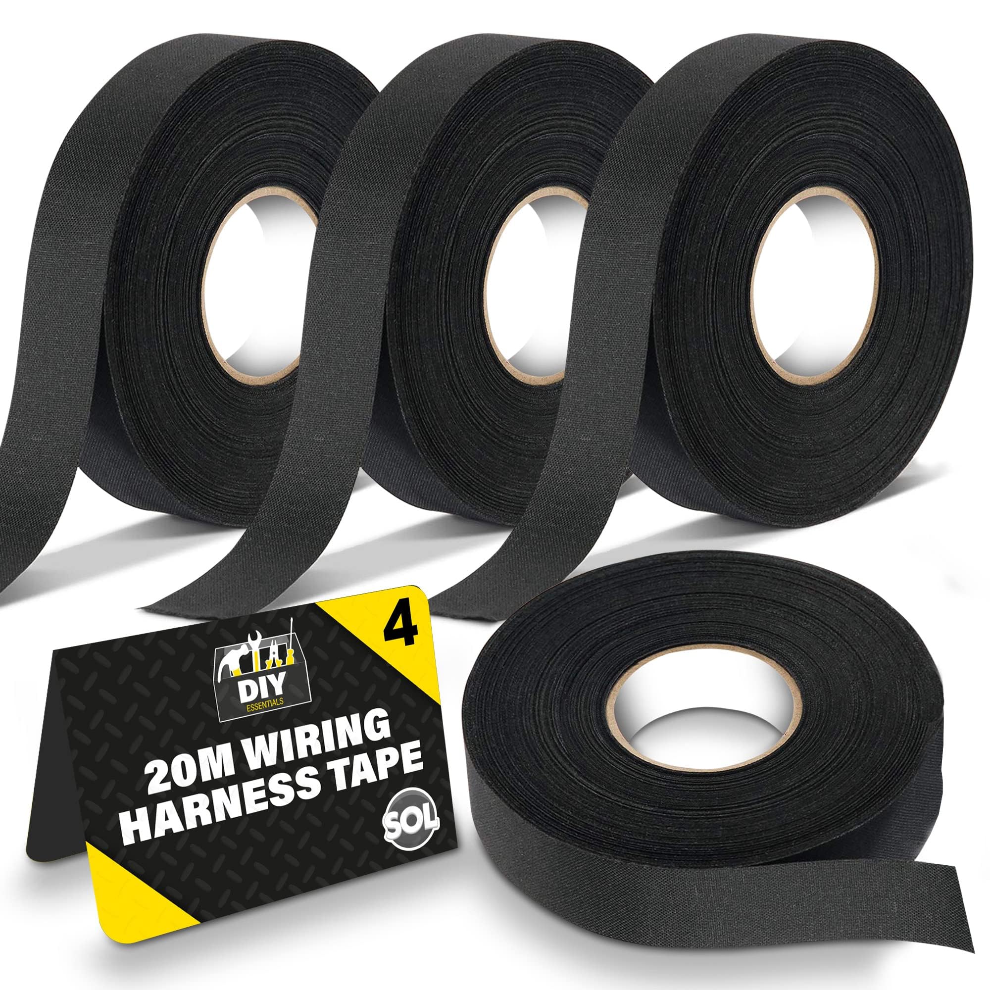 SOL 4pk x 20m Wiring Harness Tape, Black Loom Binding Felt for Cars, Motorcycle, Durable and Flexible, Heat-Resistant Adhesive Fabric Cloth Strip, Ideal for Automotive Electrical Wire Cable Management